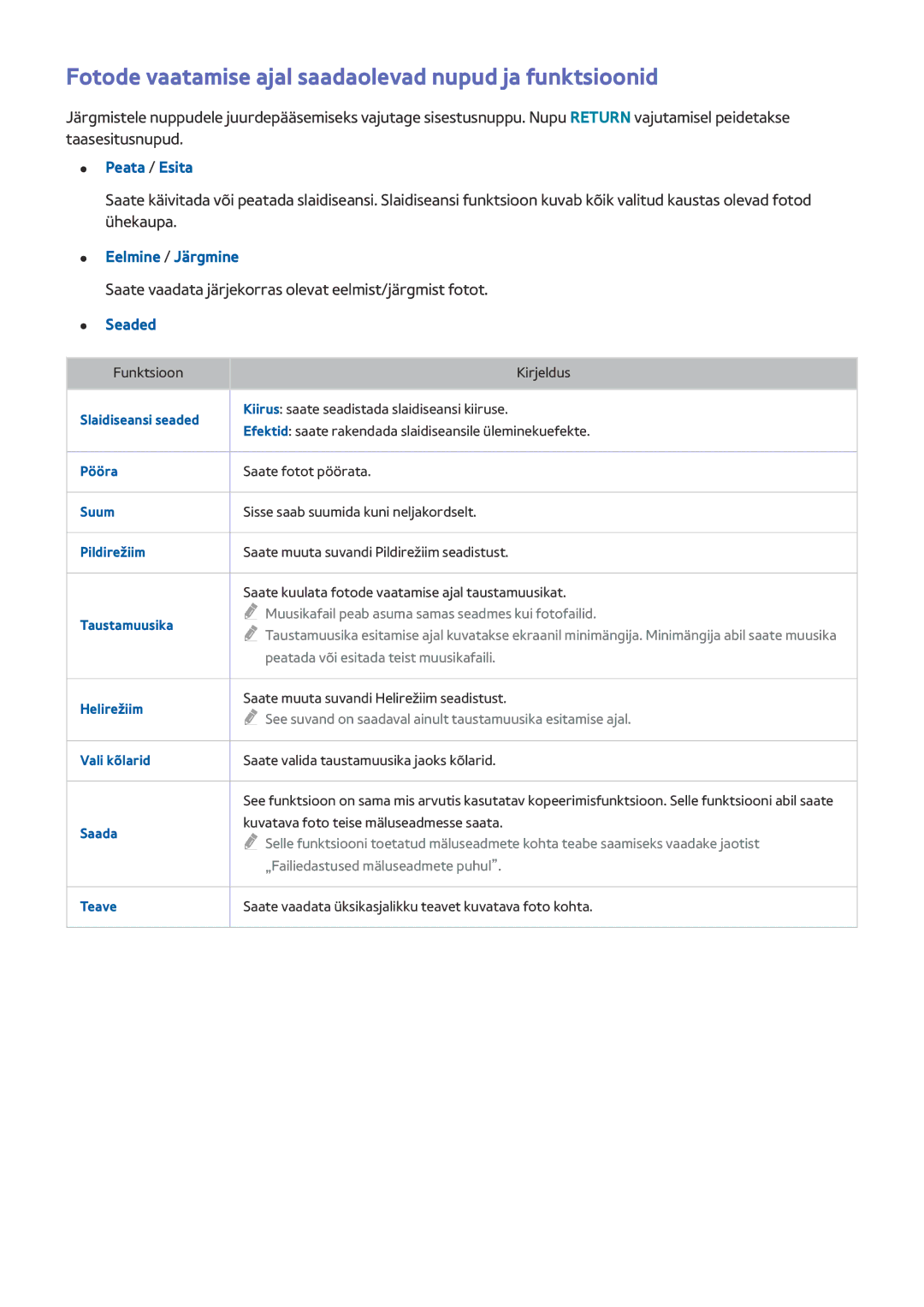 Samsung UE65HU8500TXXH manual Fotode vaatamise ajal saadaolevad nupud ja funktsioonid, Peata / Esita, Eelmine / Järgmine 