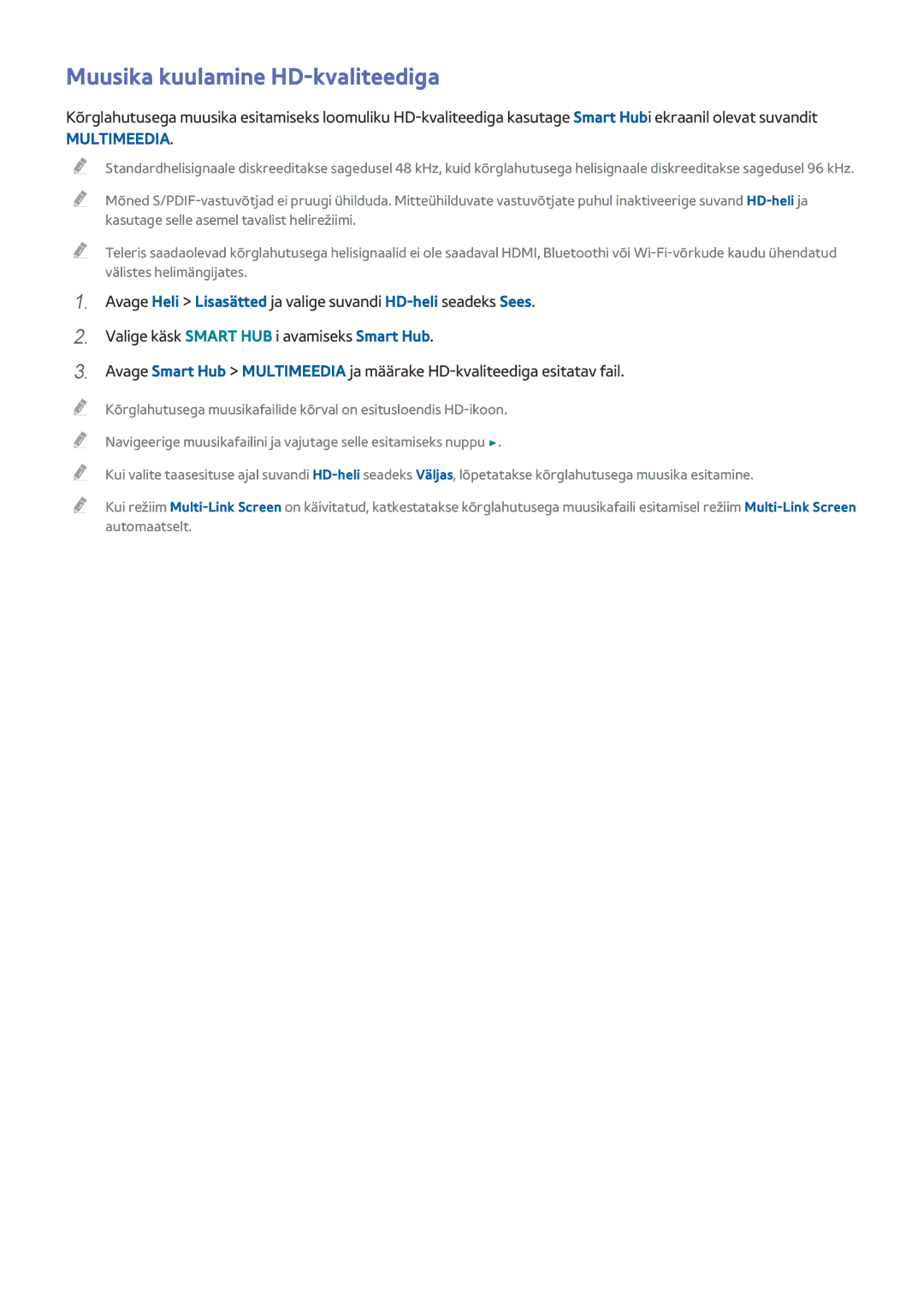 Samsung UE78HU8500TXXH, UE55HU8500TXXH, UE65HU8500TXXH manual Muusika kuulamine HD-kvaliteediga 