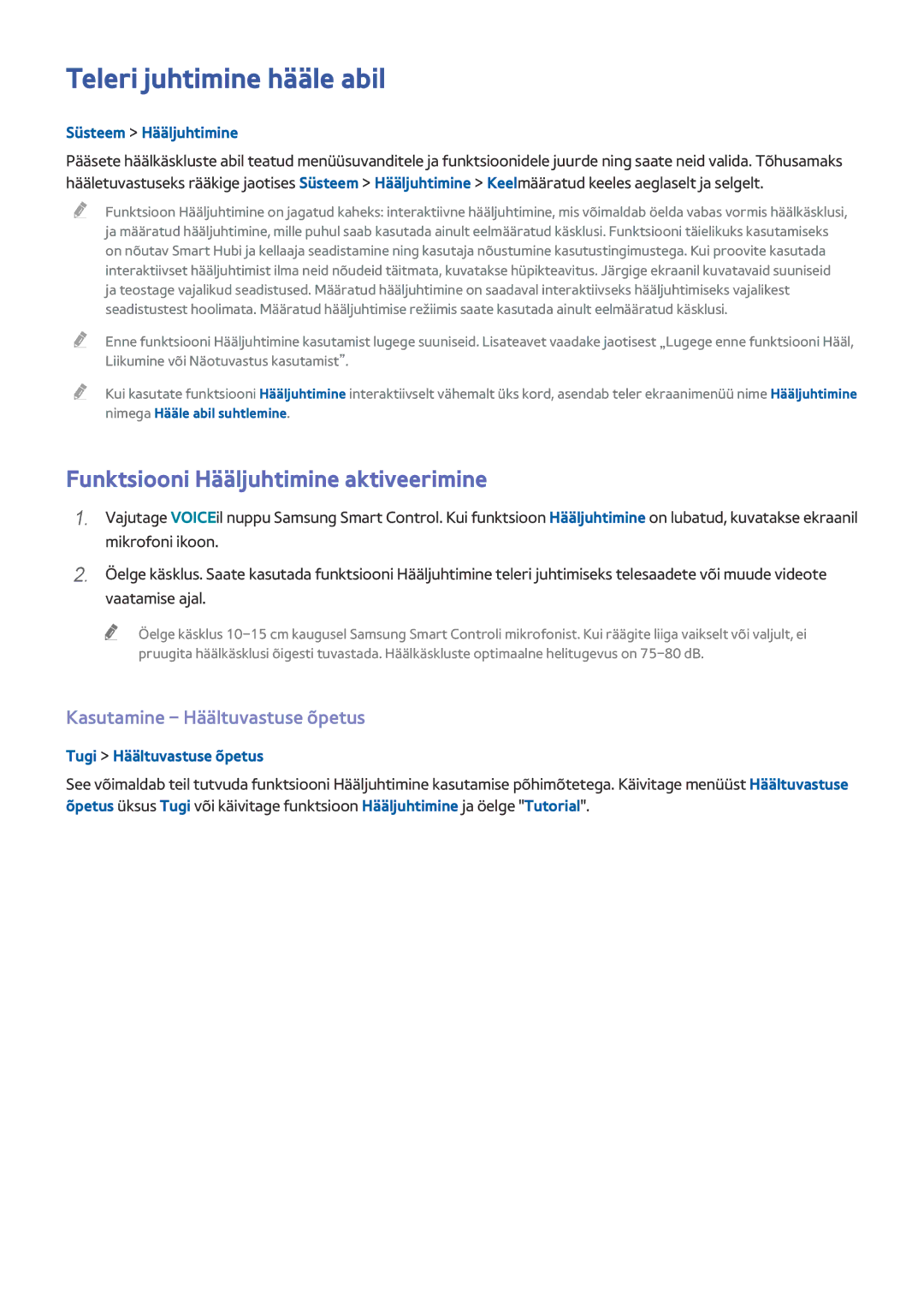 Samsung UE65HU8500TXXH manual Teleri juhtimine hääle abil, Funktsiooni Hääljuhtimine aktiveerimine, Süsteem Hääljuhtimine 