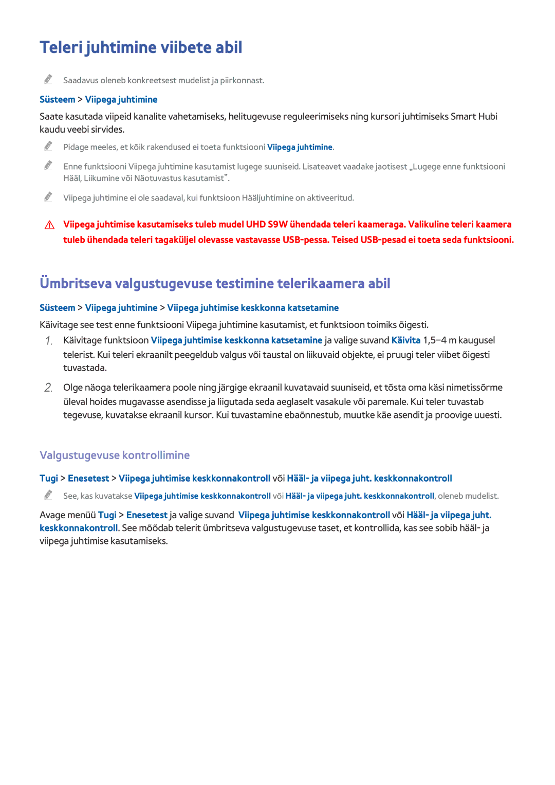 Samsung UE78HU8500TXXH manual Teleri juhtimine viibete abil, Ümbritseva valgustugevuse testimine telerikaamera abil 