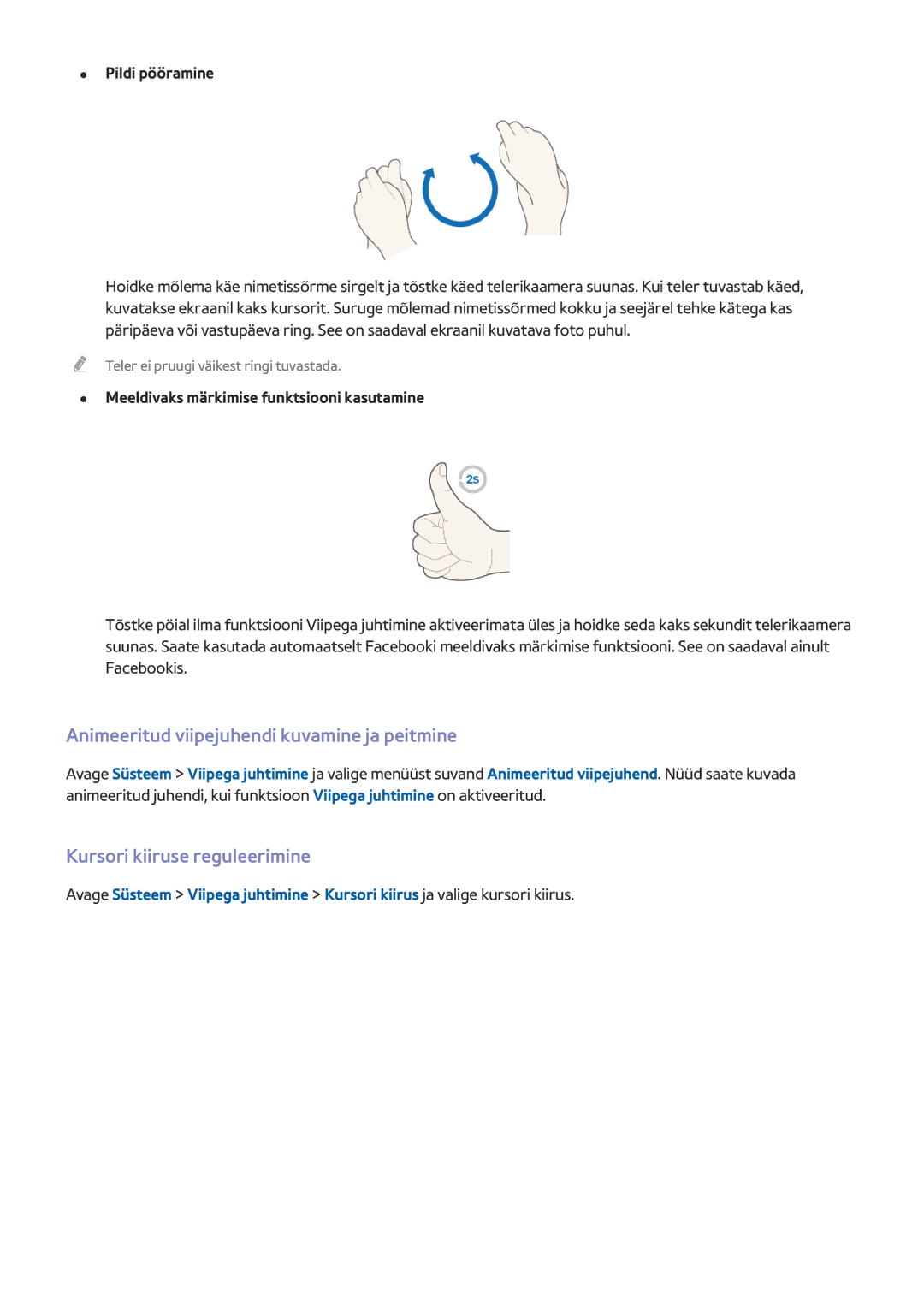 Samsung UE65HU8500TXXH manual Animeeritud viipejuhendi kuvamine ja peitmine, Kursori kiiruse reguleerimine, Pildi pööramine 