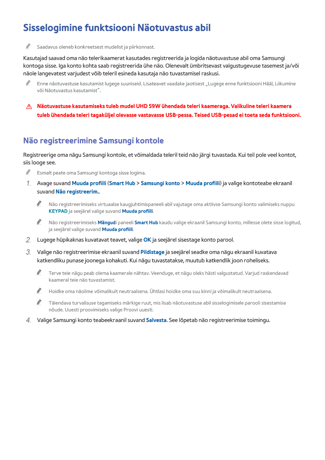 Samsung UE55HU8500TXXH, UE78HU8500TXXH Sisselogimine funktsiooni Näotuvastus abil, Näo registreerimine Samsungi kontole 