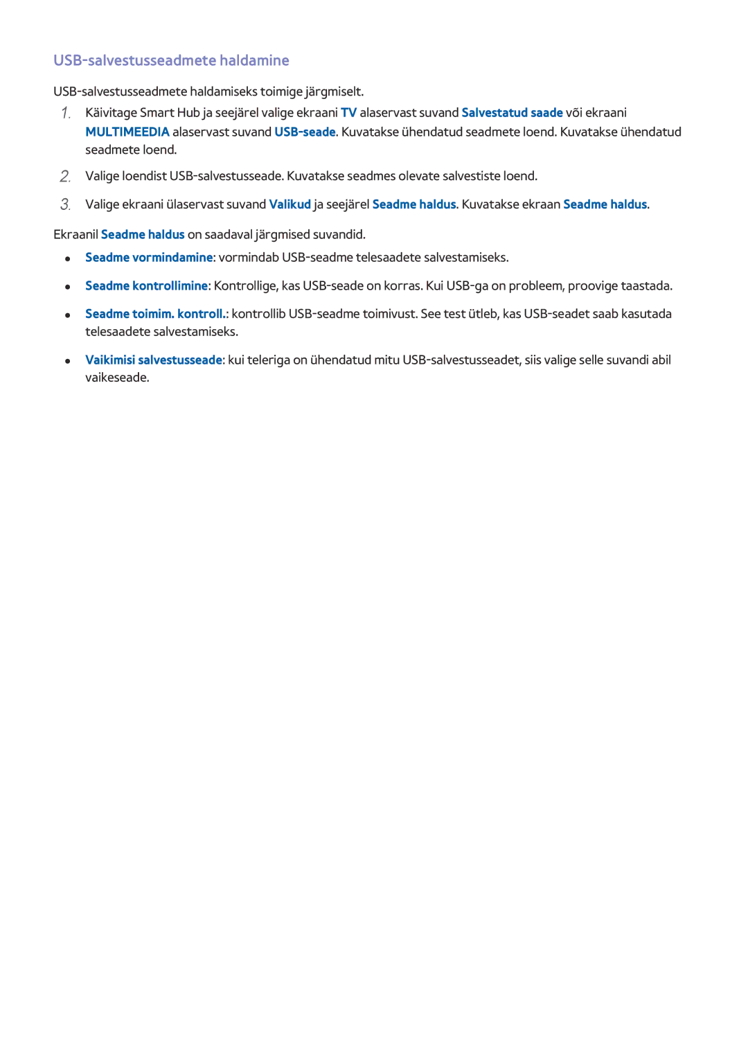 Samsung UE65HU8500TXXH, UE55HU8500TXXH, UE78HU8500TXXH manual USB-salvestusseadmete haldamine 