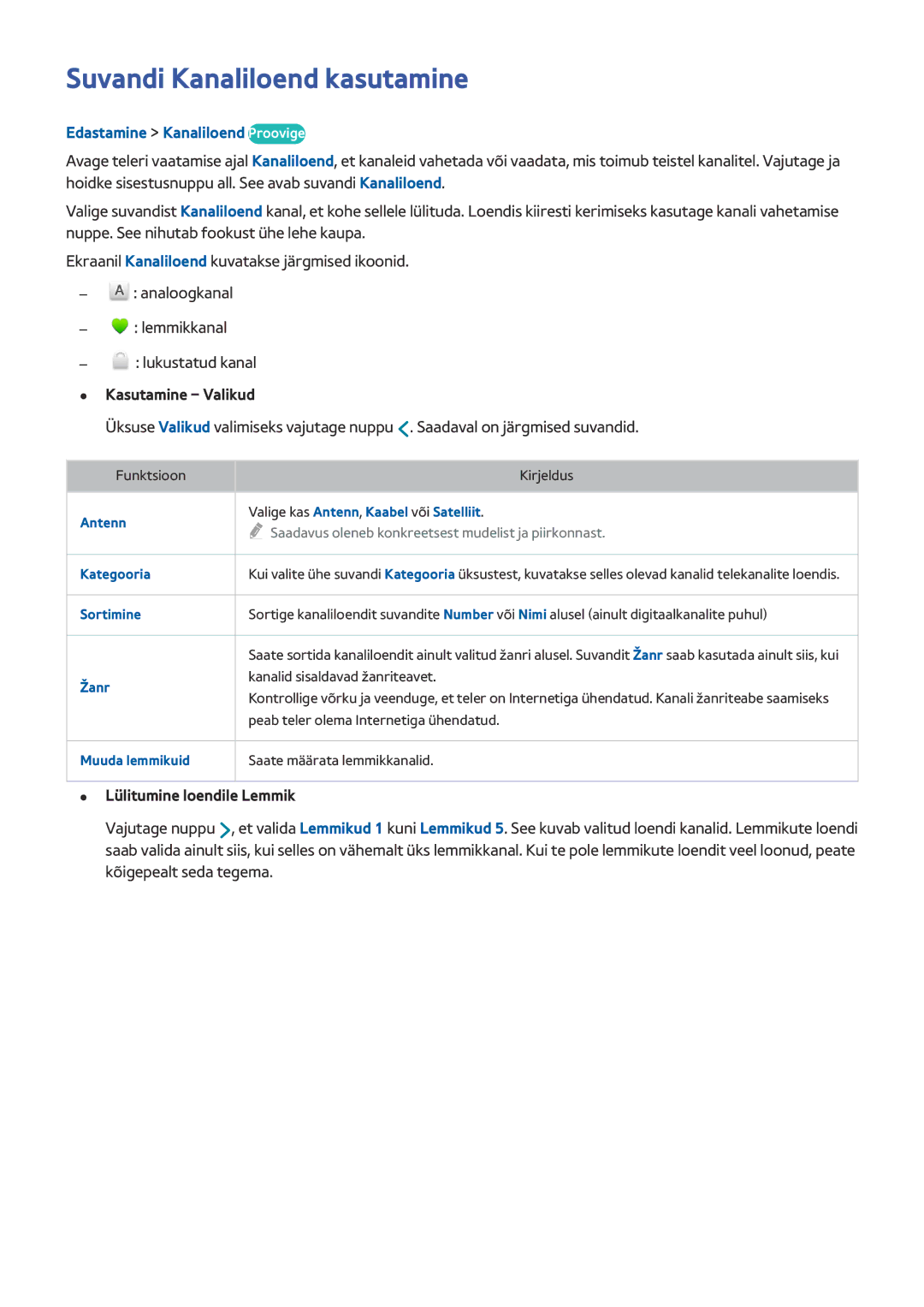 Samsung UE78HU8500TXXH, UE55HU8500TXXH Suvandi Kanaliloend kasutamine, Edastamine Kanaliloend Proovige, Kasutamine Valikud 