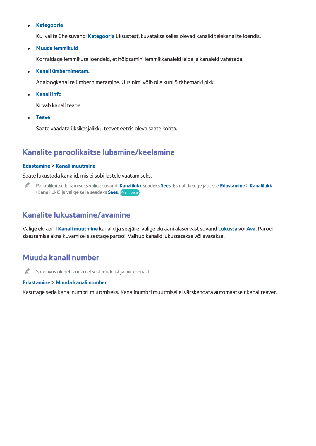 Samsung UE55HU8500TXXH manual Kanalite paroolikaitse lubamine/keelamine, Kanalite lukustamine/avamine, Muuda kanali number 