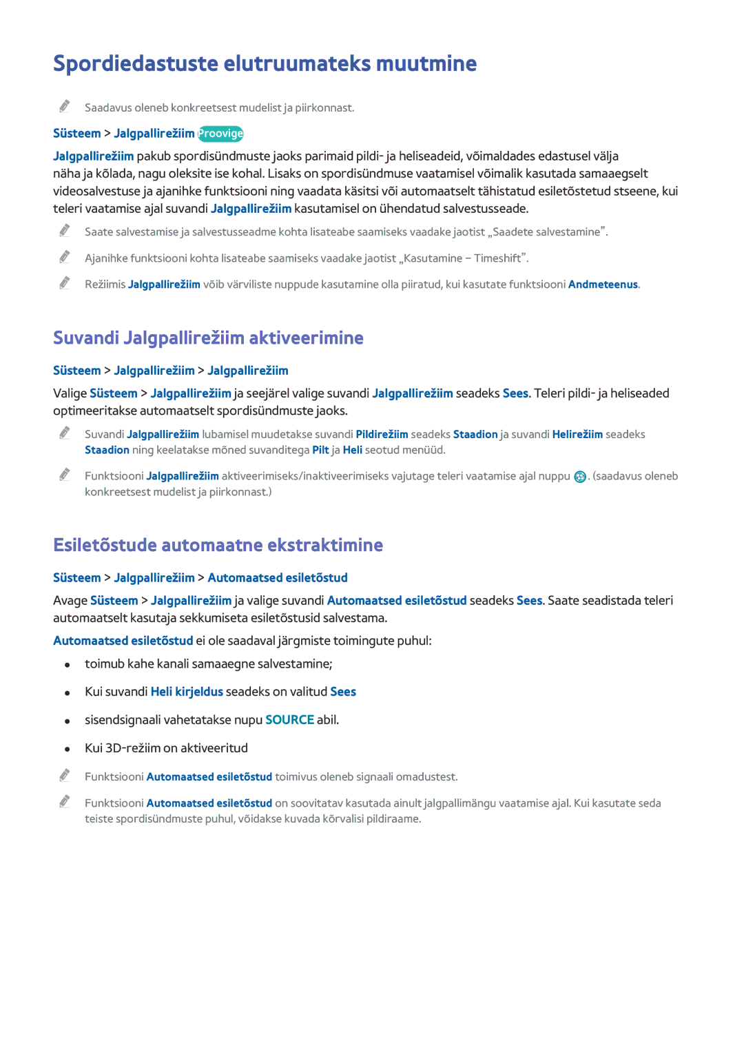 Samsung UE65HU8500TXXH, UE55HU8500TXXH manual Spordiedastuste elutruumateks muutmine, Suvandi Jalgpallirežiim aktiveerimine 