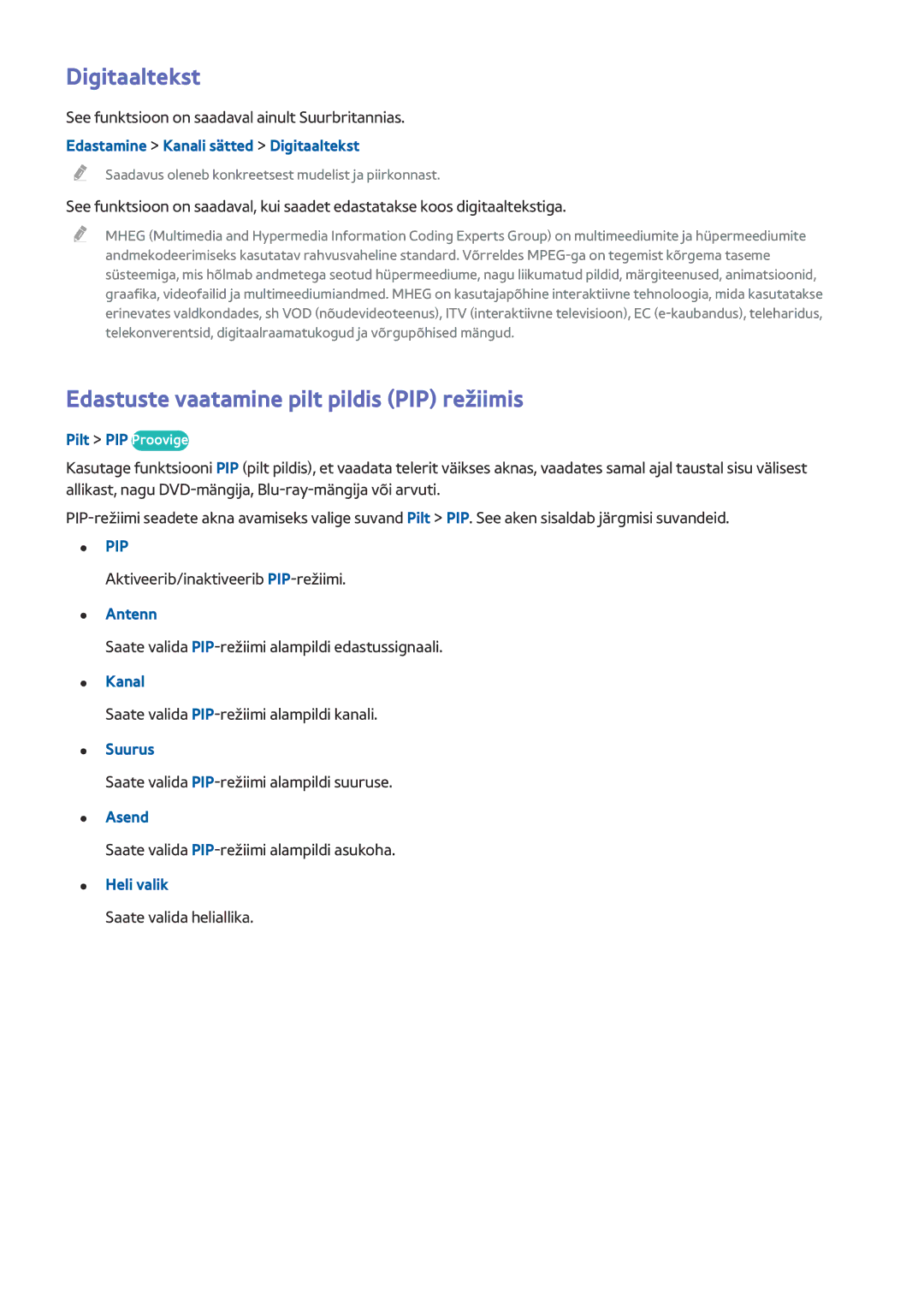 Samsung UE55HU8500TXXH, UE78HU8500TXXH, UE65HU8500TXXH manual Digitaaltekst, Edastuste vaatamine pilt pildis PIP režiimis 