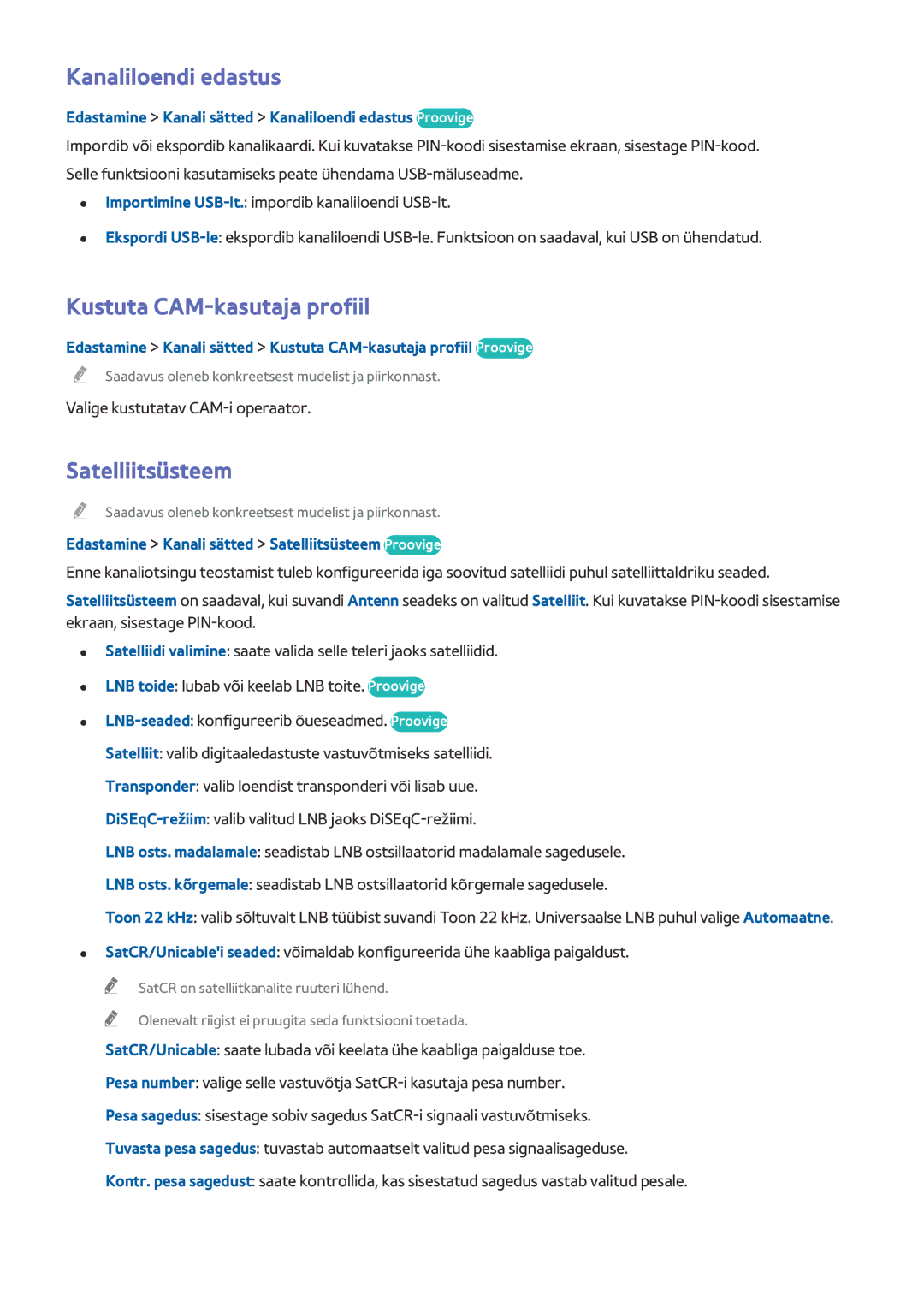 Samsung UE65HU8500TXXH, UE55HU8500TXXH, UE78HU8500TXXH Kanaliloendi edastus, Kustuta CAM-kasutaja profiil, Satelliitsüsteem 