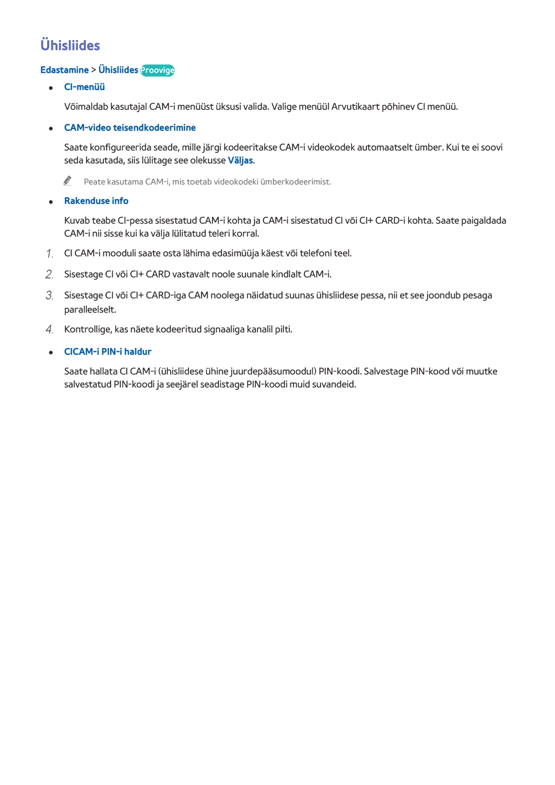 Samsung UE78HU8500TXXH, UE55HU8500TXXH manual Ühisliides, CAM-video teisendkodeerimine, Rakenduse info, CICAM-i PIN-i haldur 
