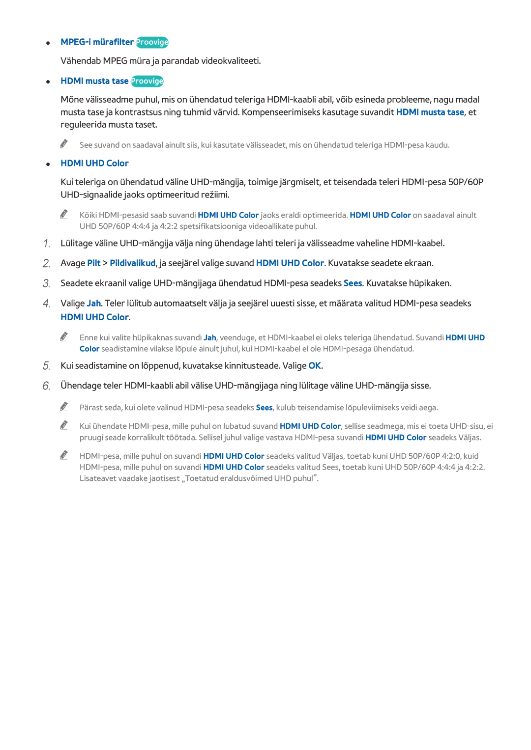 Samsung UE55HU8500TXXH manual MPEG-i mürafilter Proovige, Vähendab Mpeg müra ja parandab videokvaliteeti, Hdmi UHD Color 