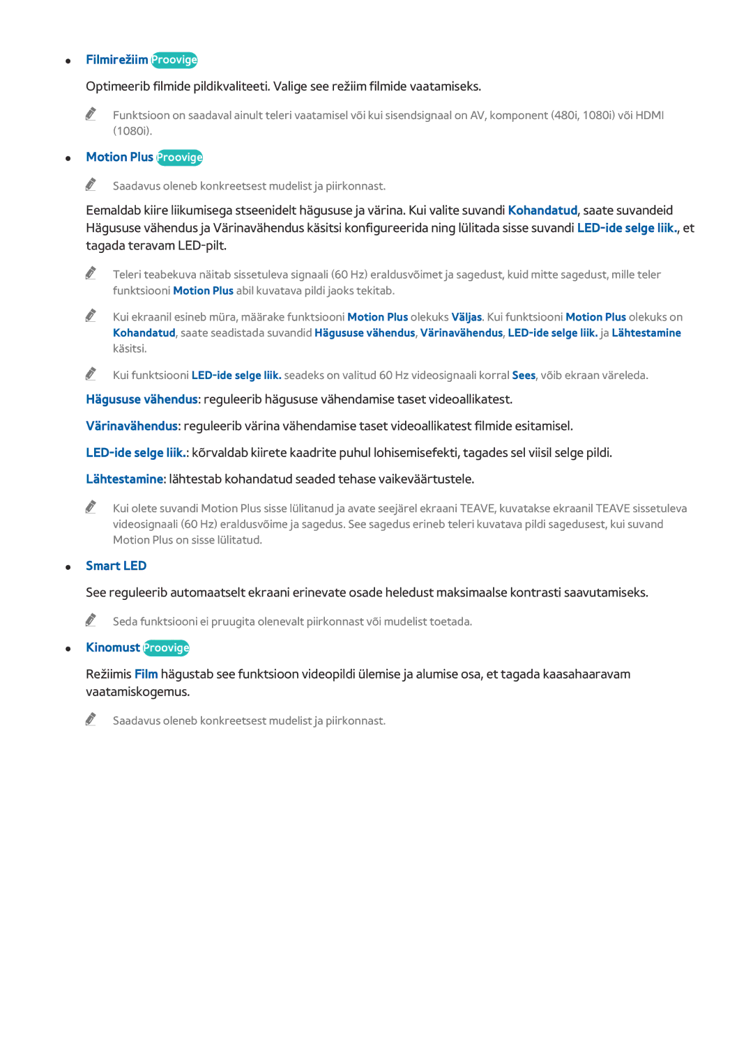 Samsung UE78HU8500TXXH, UE55HU8500TXXH manual Filmirežiim Proovige, Motion Plus Proovige, Smart LED, Kinomust Proovige 