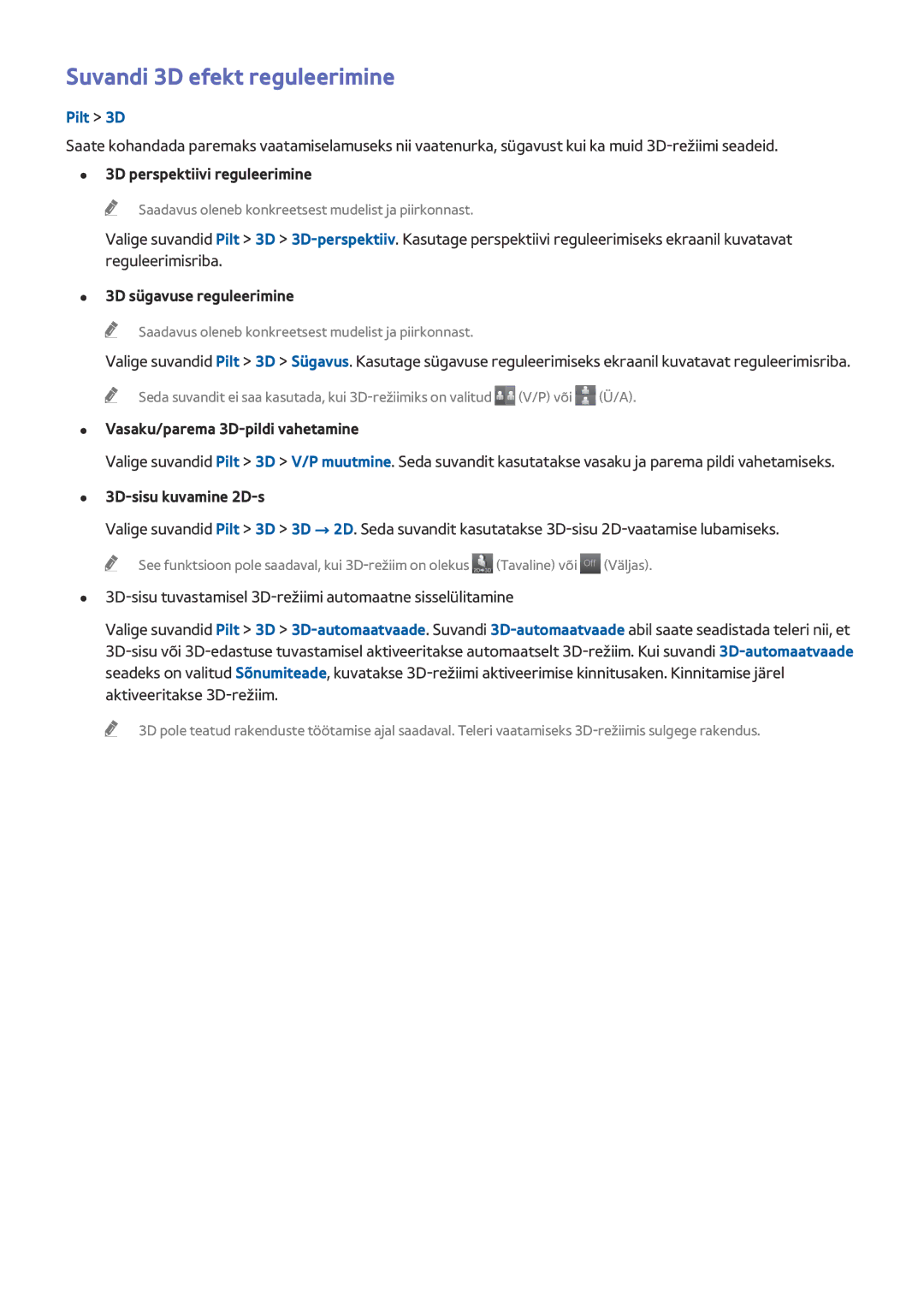 Samsung UE78HU8500TXXH manual Suvandi 3D efekt reguleerimine, 3D perspektiivi reguleerimine, 3D sügavuse reguleerimine 