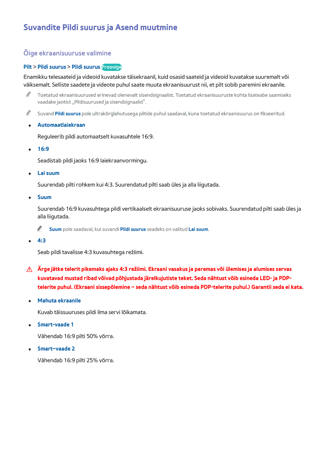 Samsung UE55HU8500TXXH, UE78HU8500TXXH manual Suvandite Pildi suurus ja Asend muutmine, Õige ekraanisuuruse valimine 