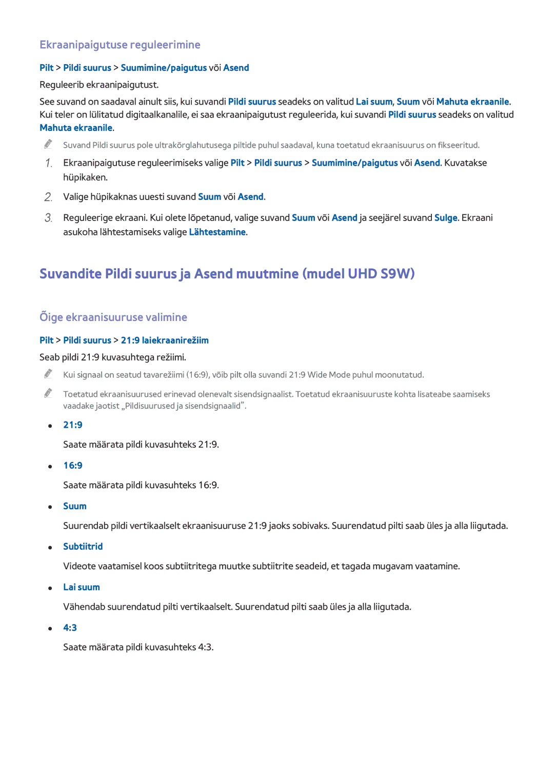 Samsung UE78HU8500TXXH manual Suvandite Pildi suurus ja Asend muutmine mudel UHD S9W, Ekraanipaigutuse reguleerimine 