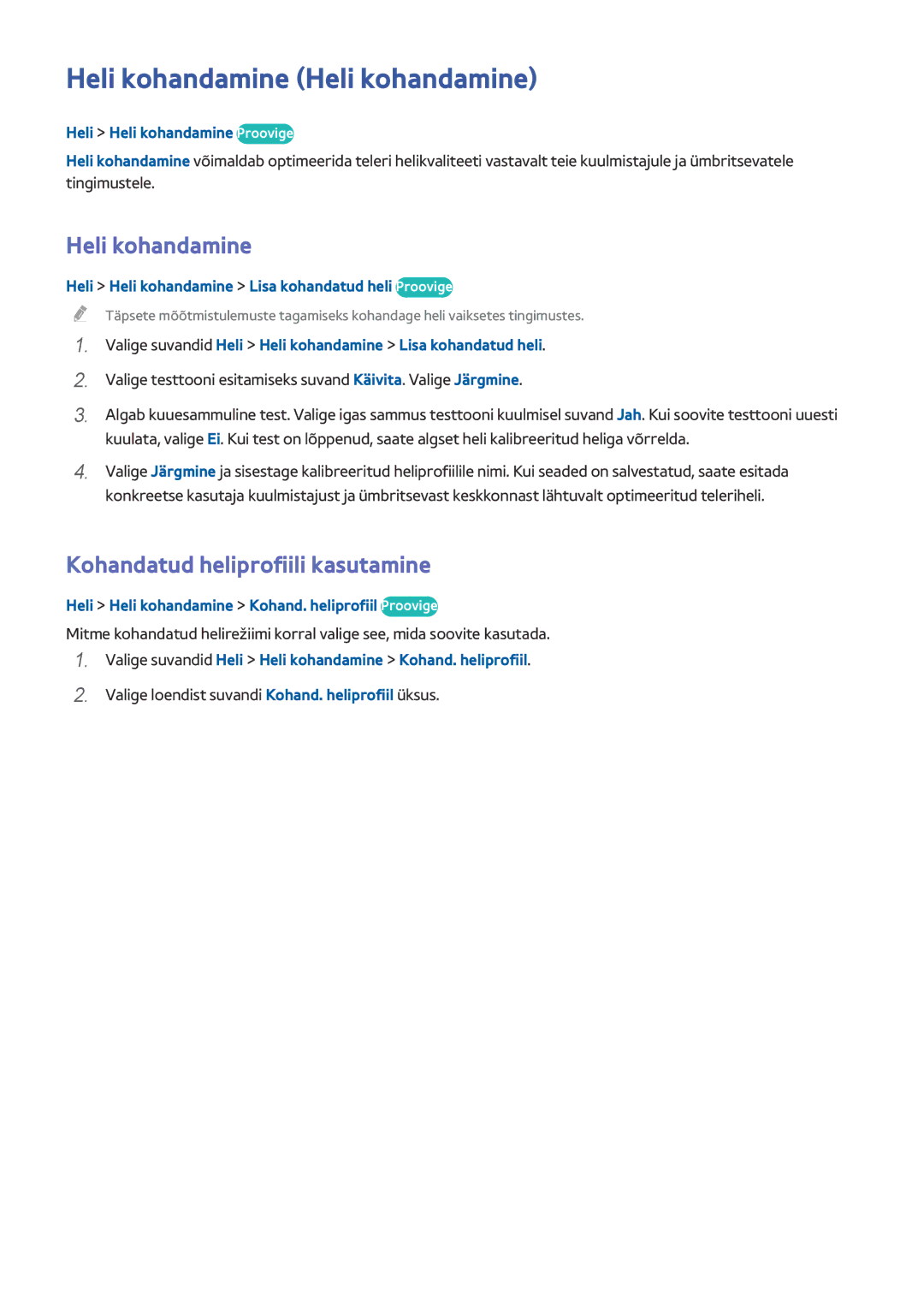 Samsung UE65HU8500TXXH, UE55HU8500TXXH manual Heli kohandamine Heli kohandamine, Kohandatud heliprofiili kasutamine 