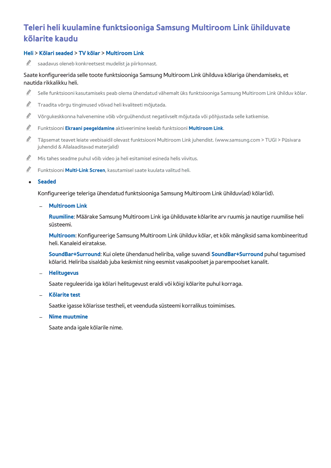 Samsung UE65HU8500TXXH manual Heli Kõlari seaded TV kõlar Multiroom Link, Helitugevus, Kõlarite test, Nime muutmine 