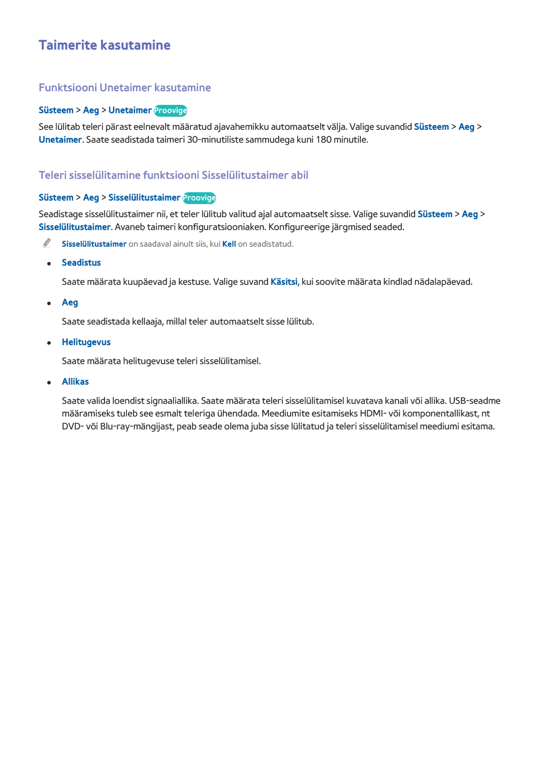 Samsung UE55HU8500TXXH, UE78HU8500TXXH, UE65HU8500TXXH manual Taimerite kasutamine, Funktsiooni Unetaimer kasutamine 