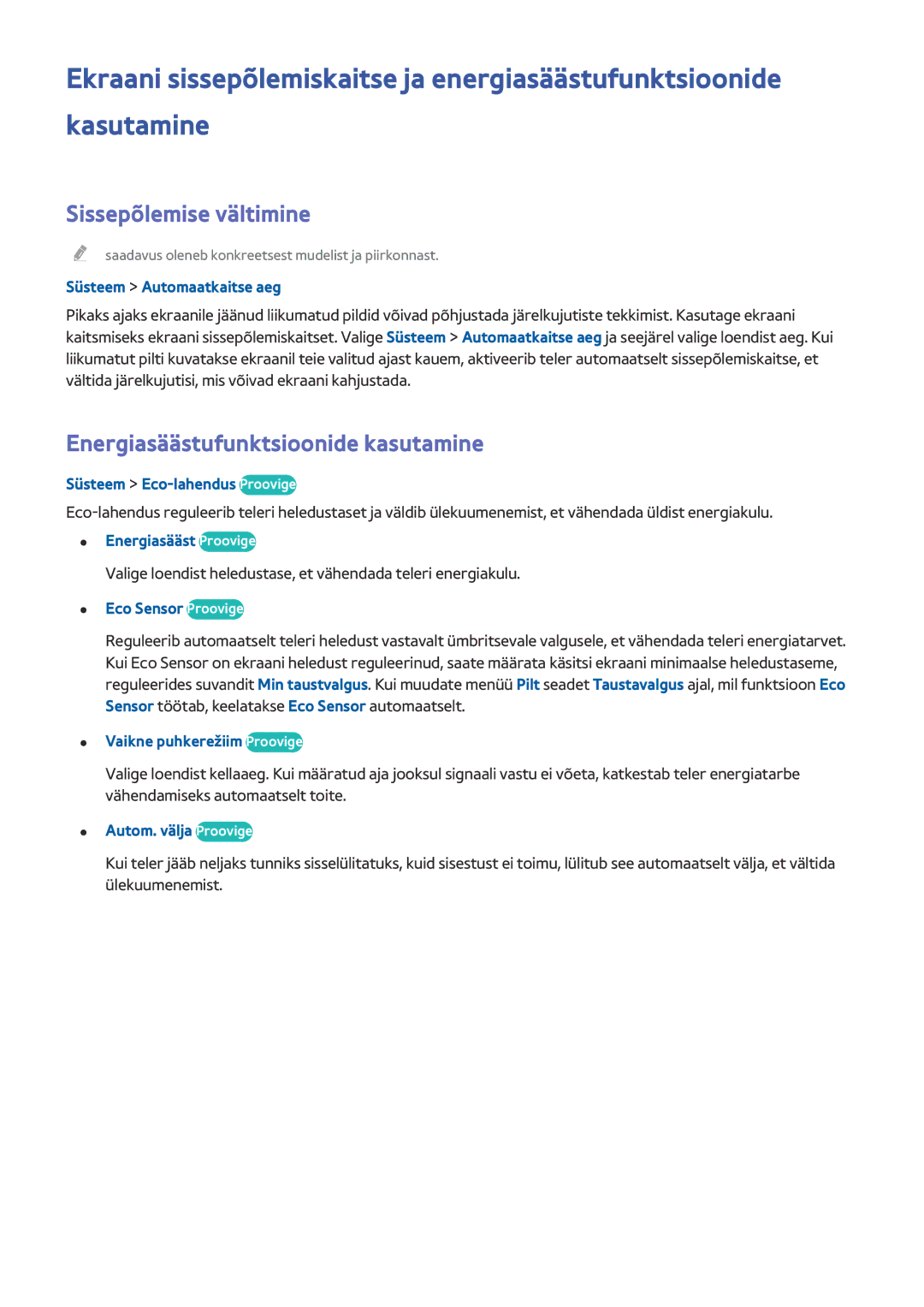 Samsung UE65HU8500TXXH, UE55HU8500TXXH, UE78HU8500TXXH manual Sissepõlemise vältimine, Energiasäästufunktsioonide kasutamine 
