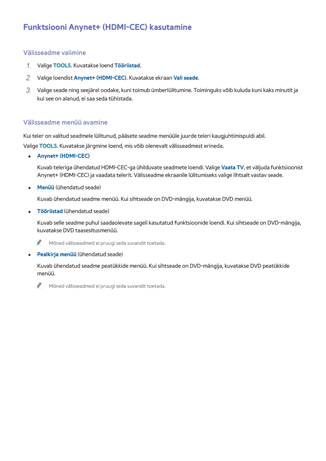 Samsung UE78HU8500TXXH manual Funktsiooni Anynet+ HDMI-CEC kasutamine, Välisseadme valimine, Välisseadme menüü avamine 