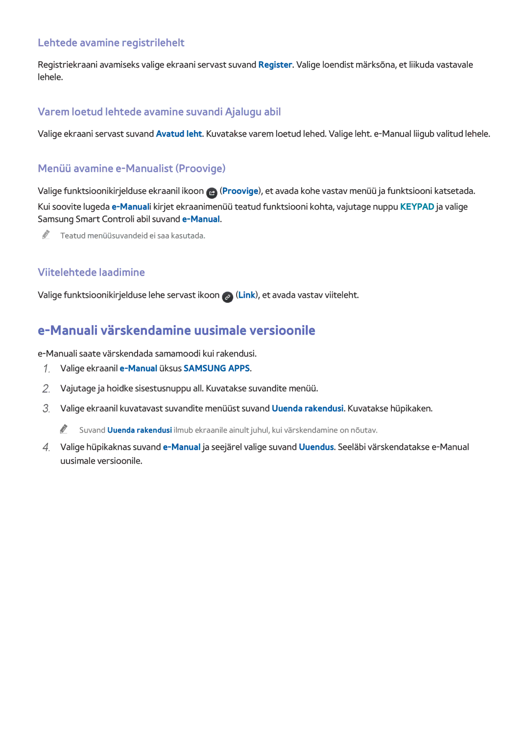 Samsung UE55HU8500TXXH Manuali värskendamine uusimale versioonile, Lehtede avamine registrilehelt, Viitelehtede laadimine 