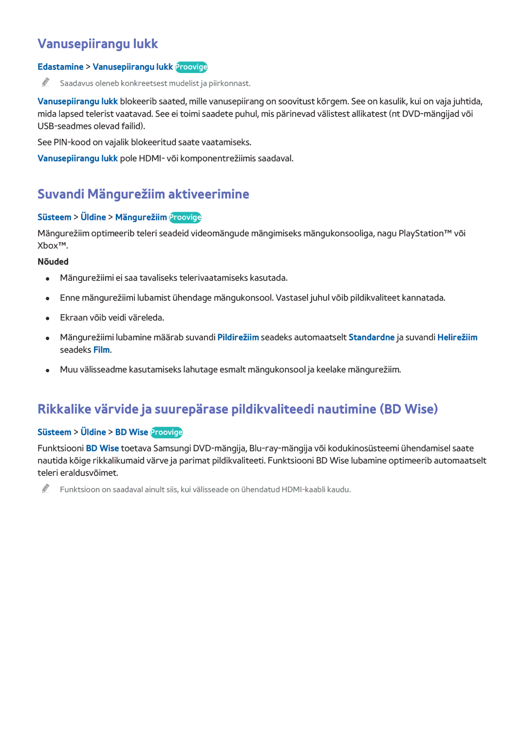 Samsung UE78HU8500TXXH, UE55HU8500TXXH manual Suvandi Mängurežiim aktiveerimine, Edastamine Vanusepiirangu lukk Proovige 