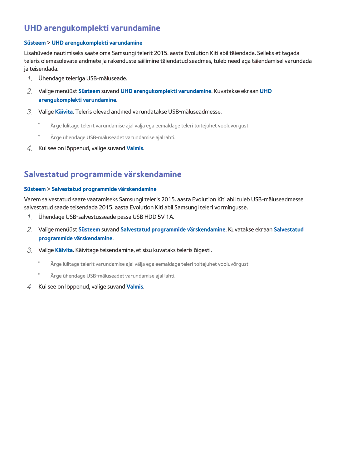 Samsung UE55HU8500TXXH, UE78HU8500TXXH manual UHD arengukomplekti varundamine, Salvestatud programmide värskendamine 