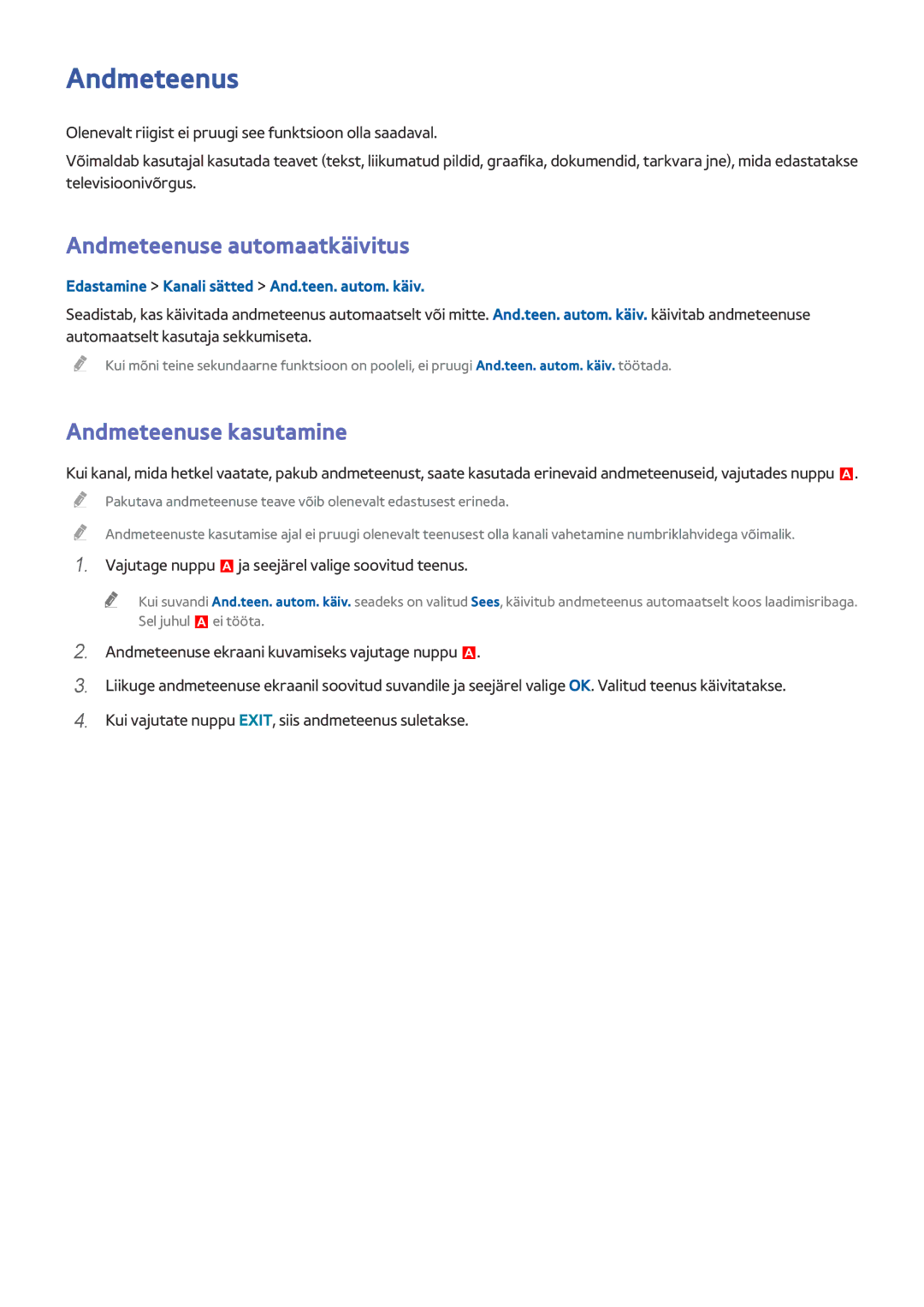 Samsung UE55HU8500TXXH, UE78HU8500TXXH, UE65HU8500TXXH manual Andmeteenuse automaatkäivitus, Andmeteenuse kasutamine 