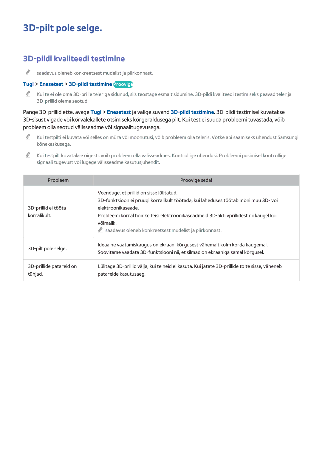 Samsung UE55HU8500TXXH manual 3D-pilt pole selge, 3D-pildi kvaliteedi testimine, Tugi Enesetest 3D-pildi testimine Proovige 