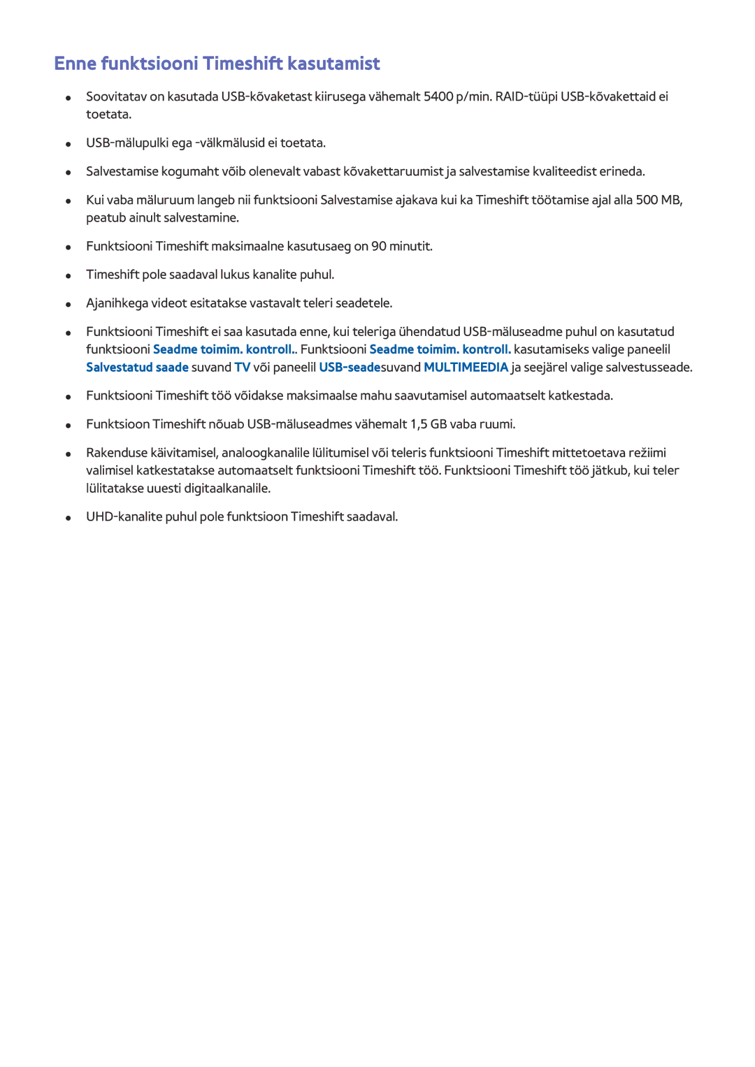Samsung UE55HU8500TXXH, UE78HU8500TXXH, UE65HU8500TXXH manual Enne funktsiooni Timeshift kasutamist 