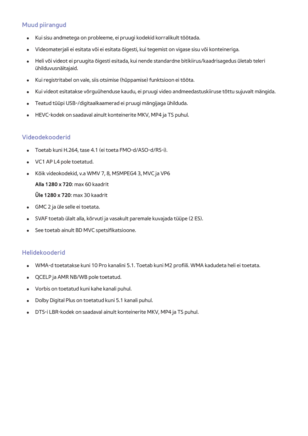 Samsung UE78HU8500TXXH, UE55HU8500TXXH, UE65HU8500TXXH manual Muud piirangud, Videodekooderid, Helidekooderid 