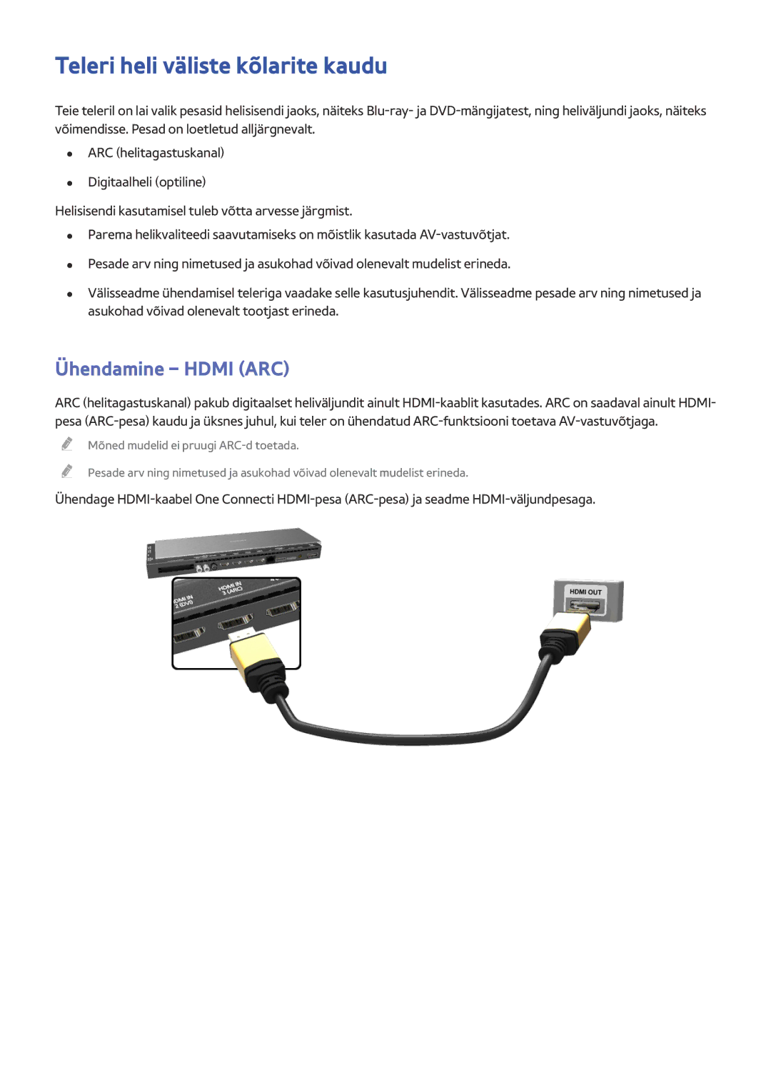 Samsung UE55HU8500TXXH, UE78HU8500TXXH, UE65HU8500TXXH manual Teleri heli väliste kõlarite kaudu, Ühendamine Hdmi ARC 