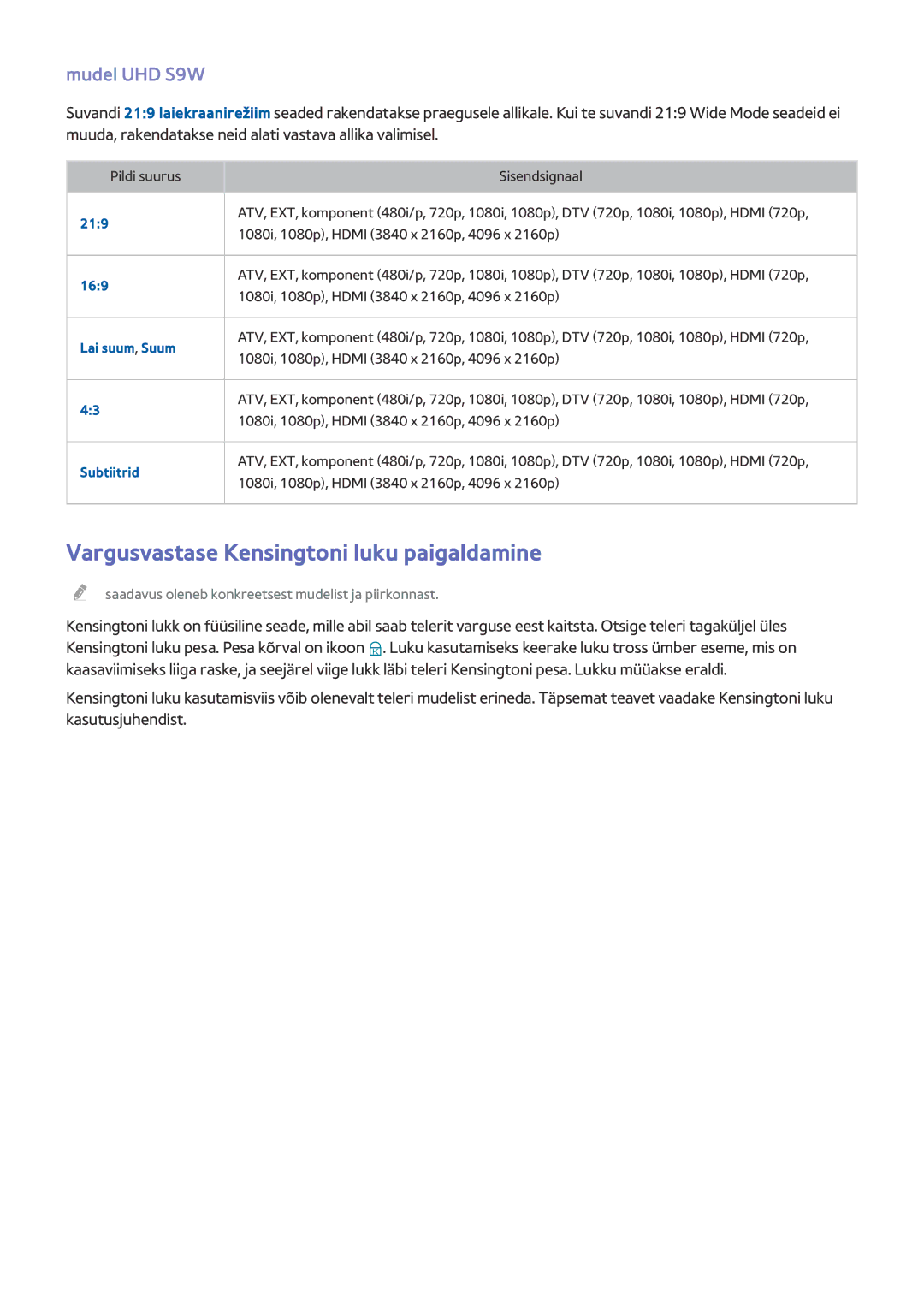 Samsung UE78HU8500TXXH, UE55HU8500TXXH, UE65HU8500TXXH manual Vargusvastase Kensingtoni luku paigaldamine, Mudel UHD S9W, 219 