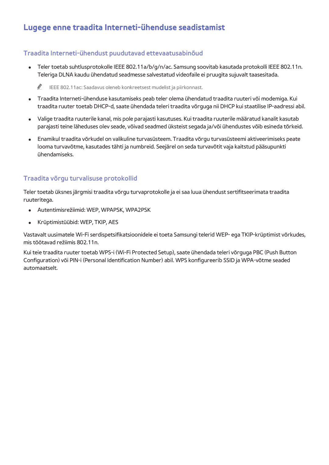 Samsung UE65HU8500TXXH manual Lugege enne traadita Interneti-ühenduse seadistamist, Traadita võrgu turvalisuse protokollid 