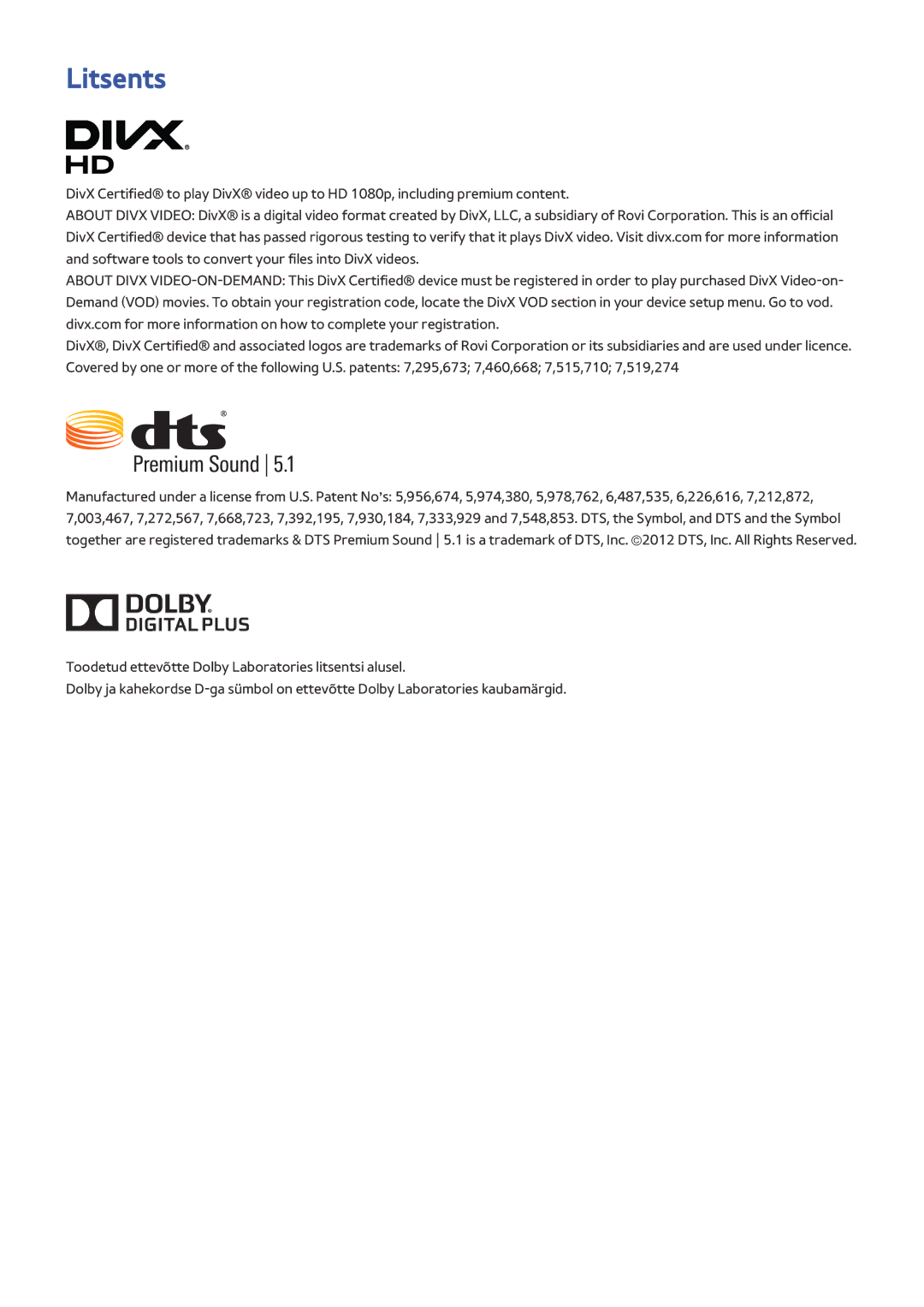 Samsung UE78HU8500TXXH, UE55HU8500TXXH, UE65HU8500TXXH manual Litsents 