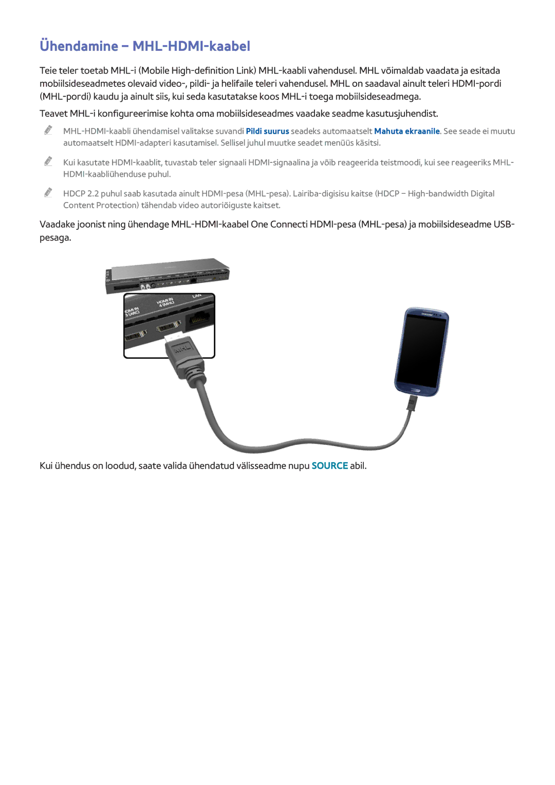 Samsung UE65HU8500TXXH, UE55HU8500TXXH, UE78HU8500TXXH manual Ühendamine MHL-HDMI-kaabel 