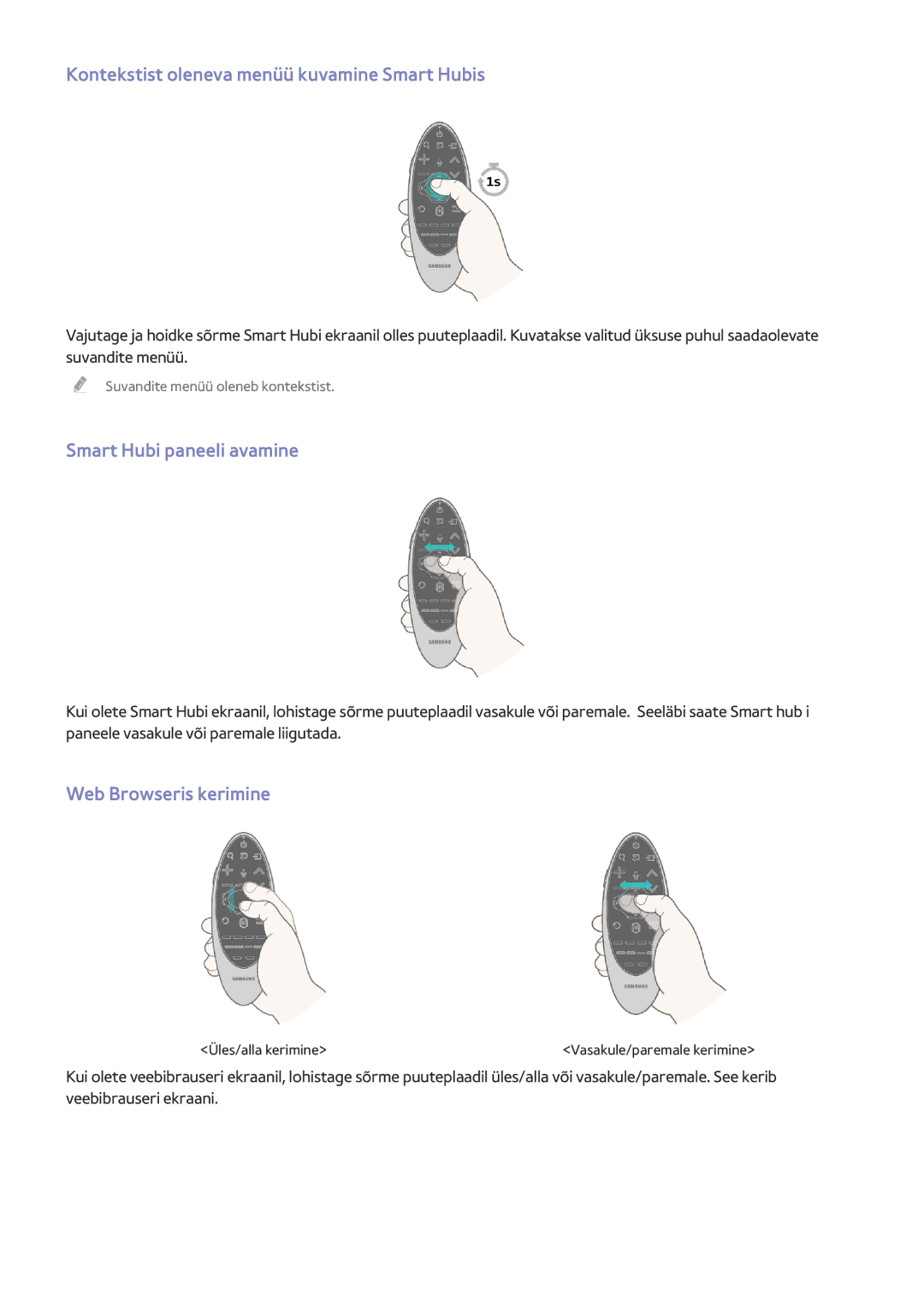 Samsung UE65HU8500TXXH Kontekstist oleneva menüü kuvamine Smart Hubis, Smart Hubi paneeli avamine, Web Browseris kerimine 