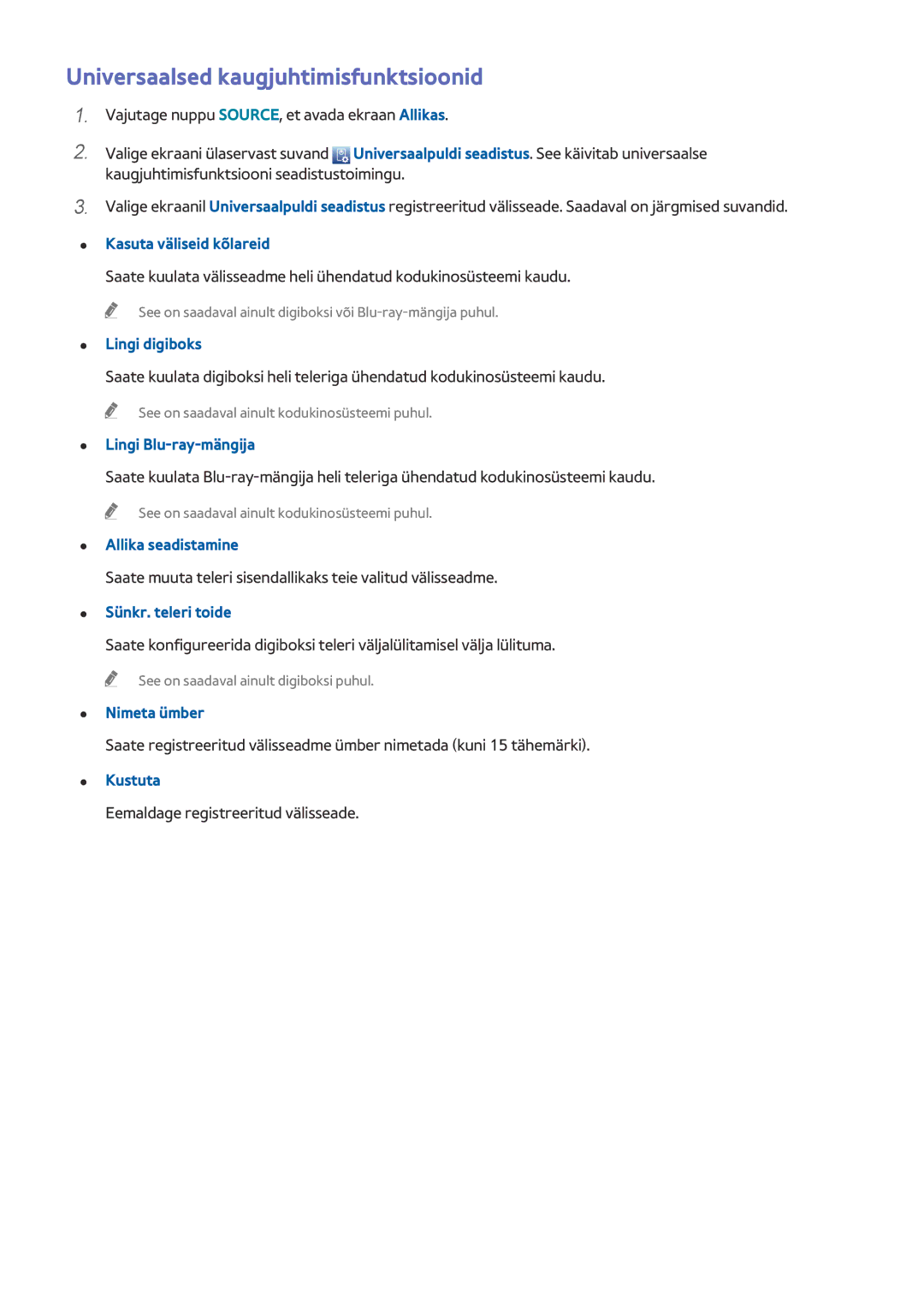 Samsung UE65HU8500TXXH, UE55HU8500TXXH, UE78HU8500TXXH manual Universaalsed kaugjuhtimisfunktsioonid 
