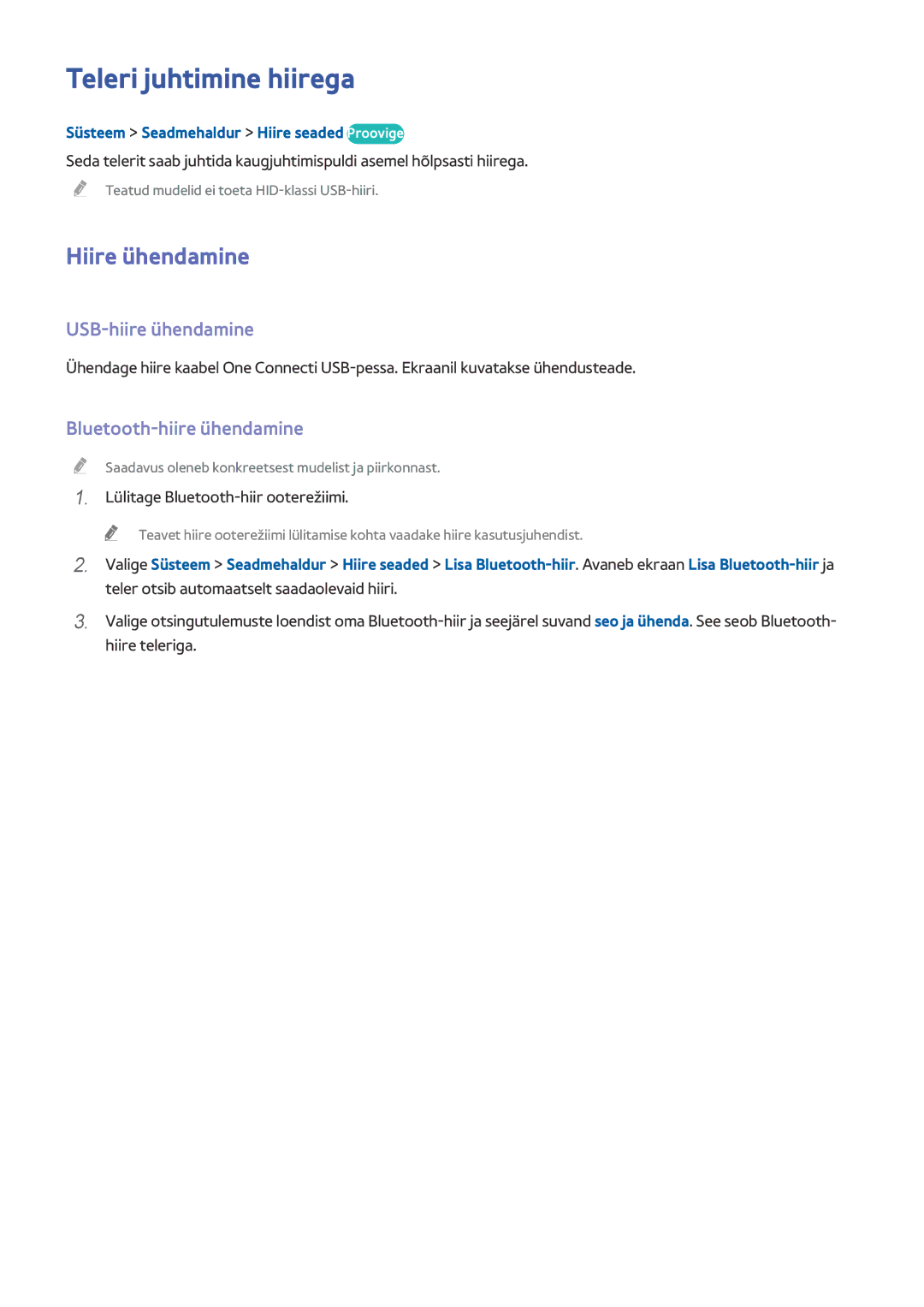 Samsung UE65HU8500TXXH manual Teleri juhtimine hiirega, Hiire ühendamine, USB-hiire ühendamine, Bluetooth-hiire ühendamine 