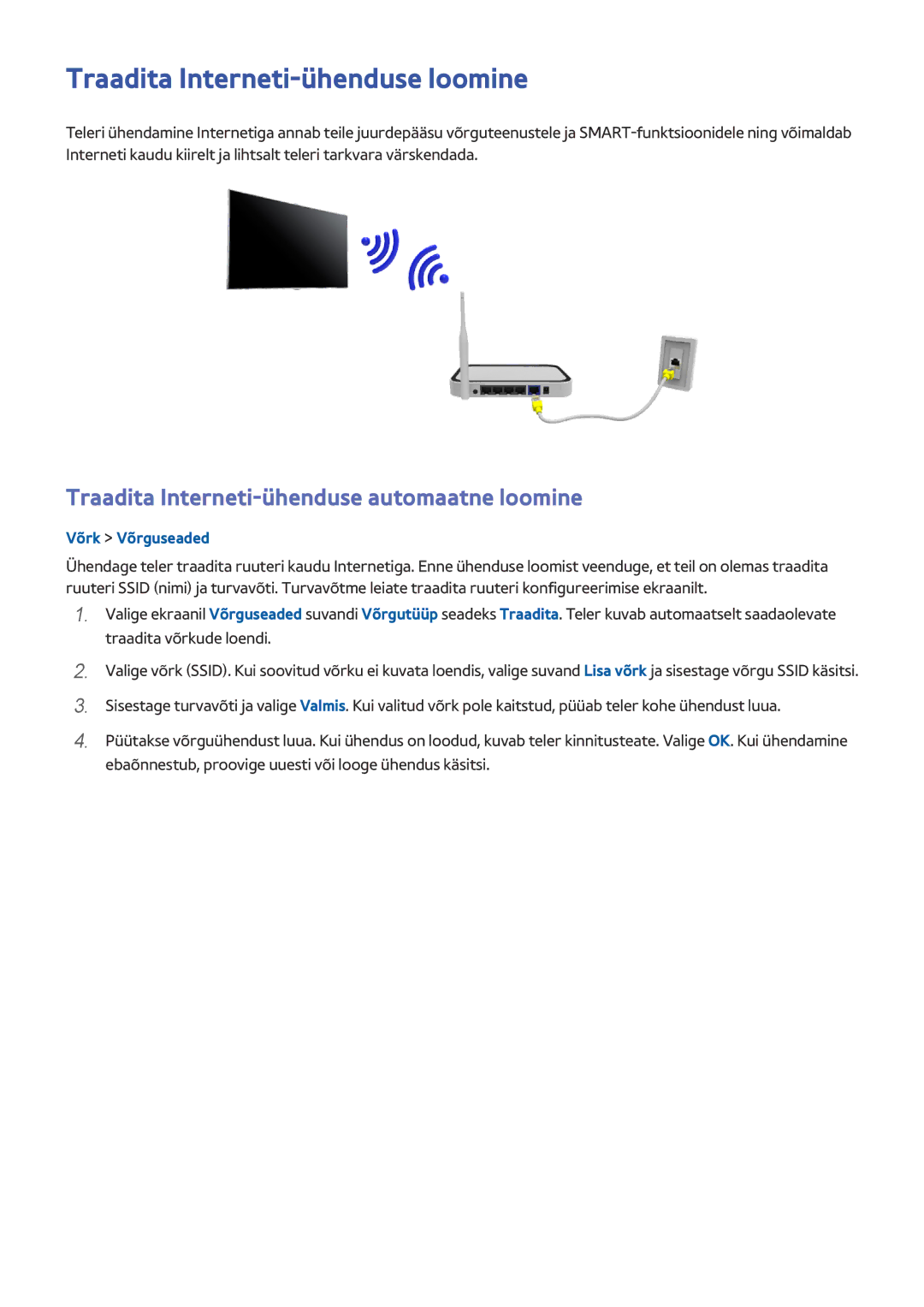 Samsung UE65HU8500TXXH, UE55HU8500TXXH Traadita Interneti-ühenduse loomine, Traadita Interneti-ühenduse automaatne loomine 