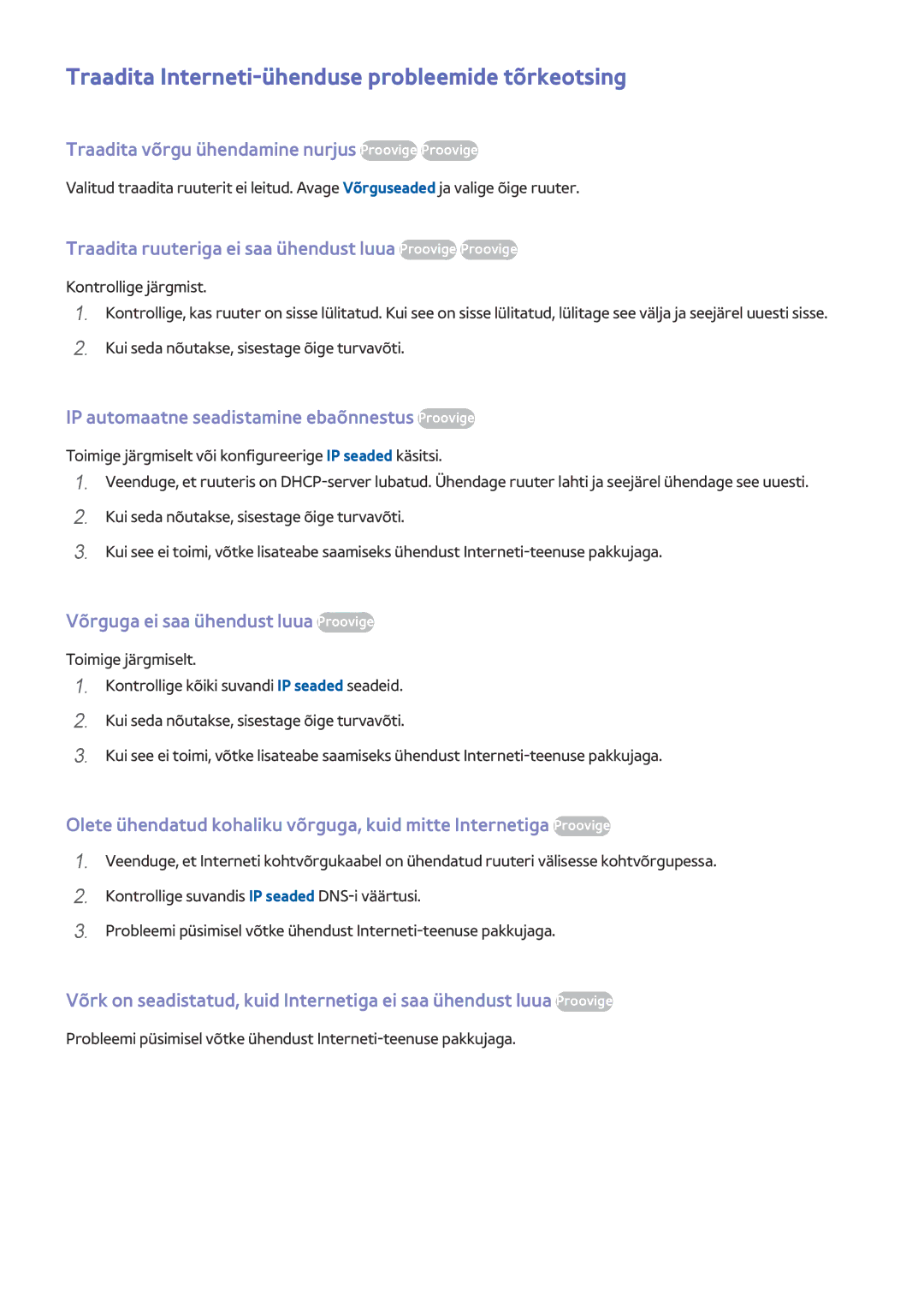 Samsung UE55HU8500TXXH, UE78HU8500TXXH, UE65HU8500TXXH manual Traadita Interneti-ühenduse probleemide tõrkeotsing 