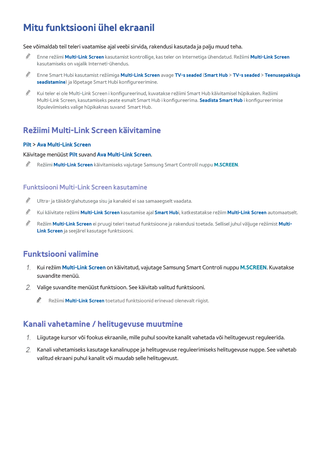 Samsung UE55HU8500TXXH manual Mitu funktsiooni ühel ekraanil, Režiimi Multi-Link Screen käivitamine, Funktsiooni valimine 