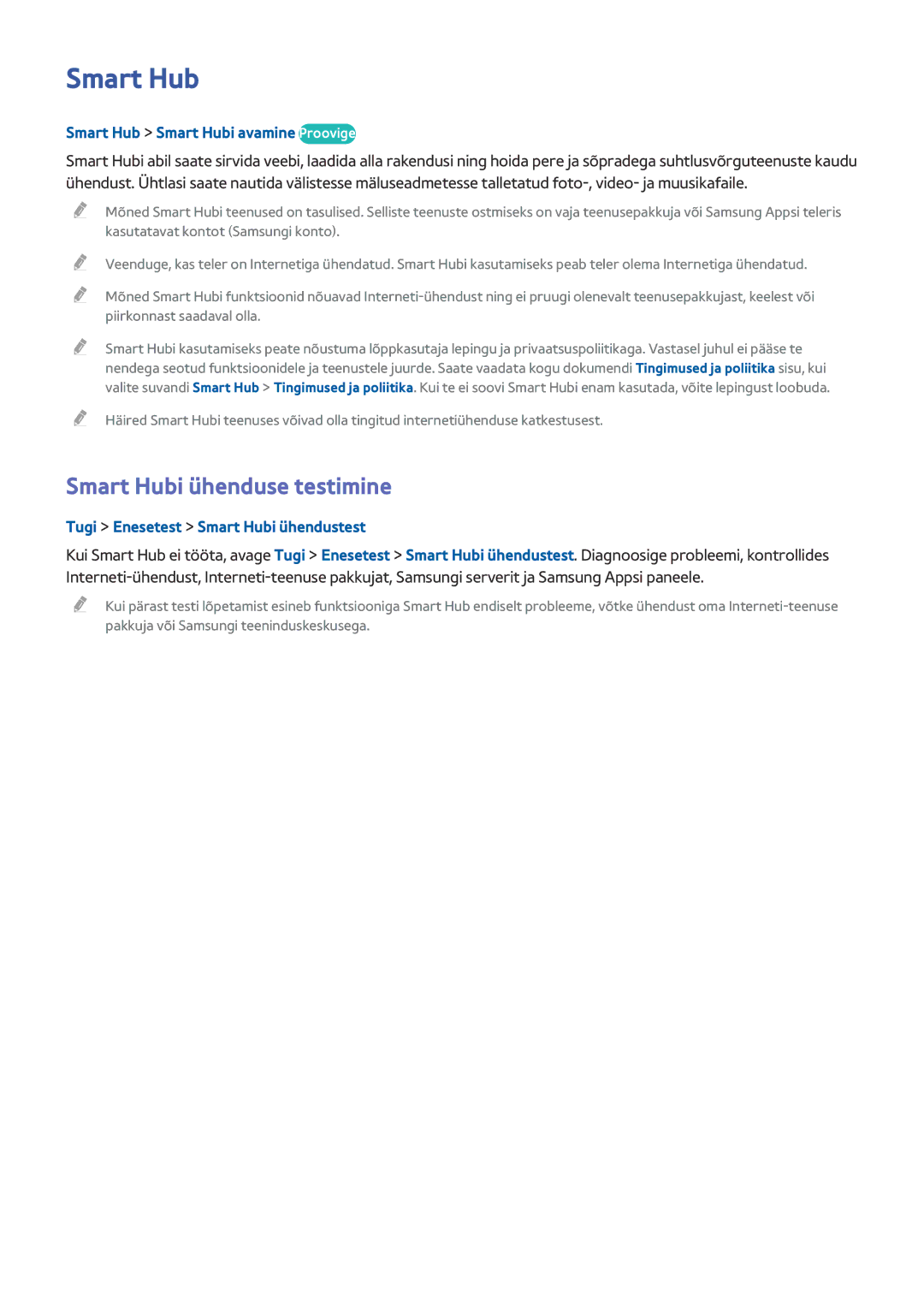 Samsung UE65HU8500TXXH, UE55HU8500TXXH manual Smart Hubi ühenduse testimine, Smart Hub Smart Hubi avamine Proovige 