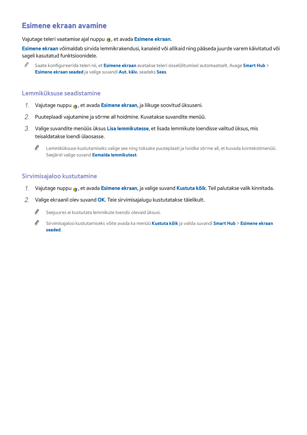 Samsung UE55HU8500TXXH, UE78HU8500TXXH manual Esimene ekraan avamine, Lemmiküksuse seadistamine, Sirvimisajaloo kustutamine 