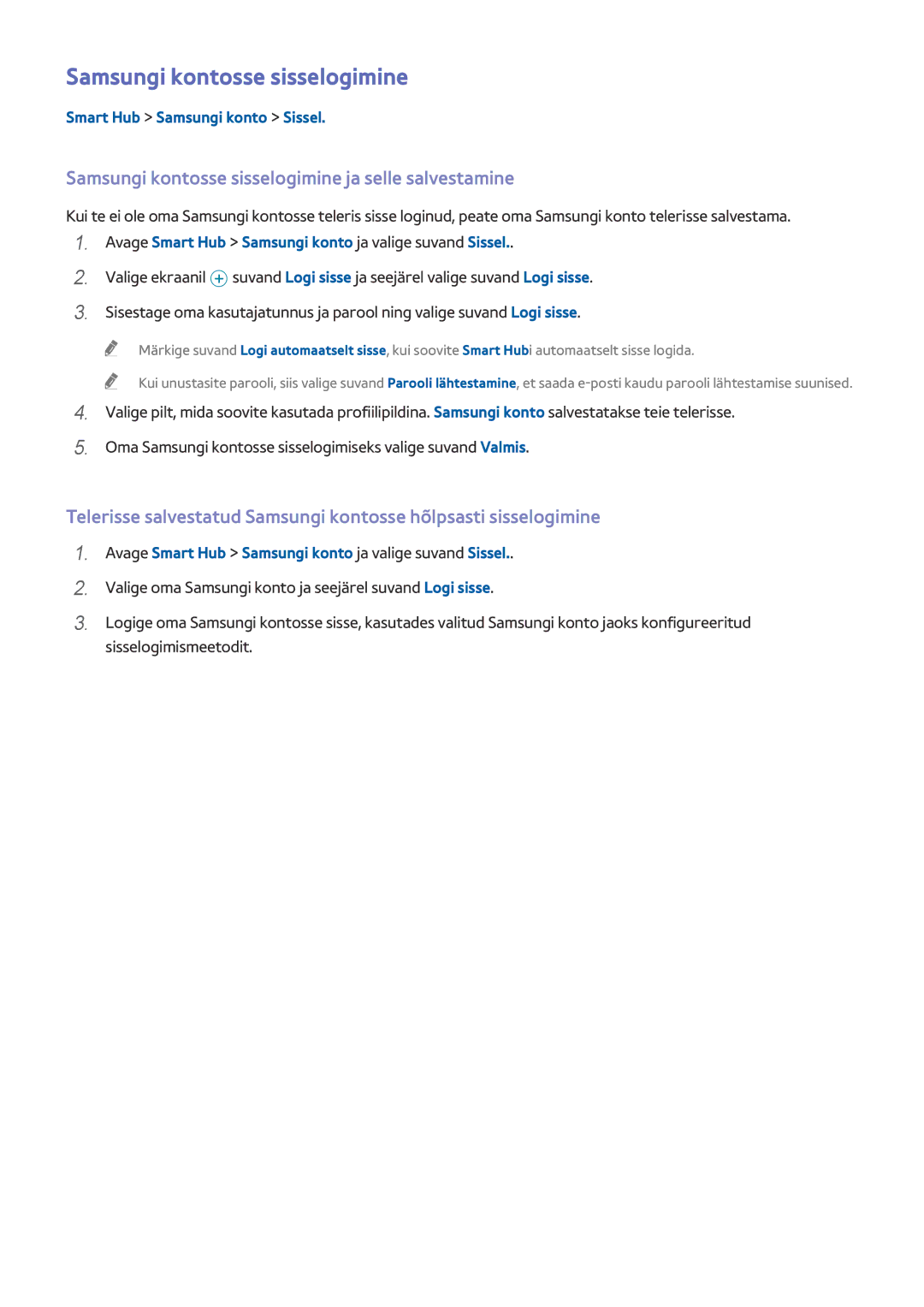 Samsung UE78HU8500TXXH manual Samsungi kontosse sisselogimine ja selle salvestamine, Smart Hub Samsungi konto Sissel 