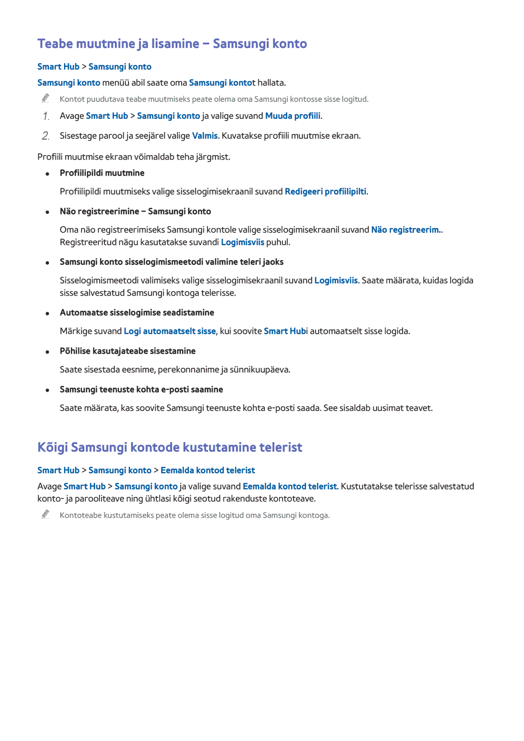 Samsung UE55HU8500TXXH manual Teabe muutmine ja lisamine Samsungi konto, Kõigi Samsungi kontode kustutamine telerist 