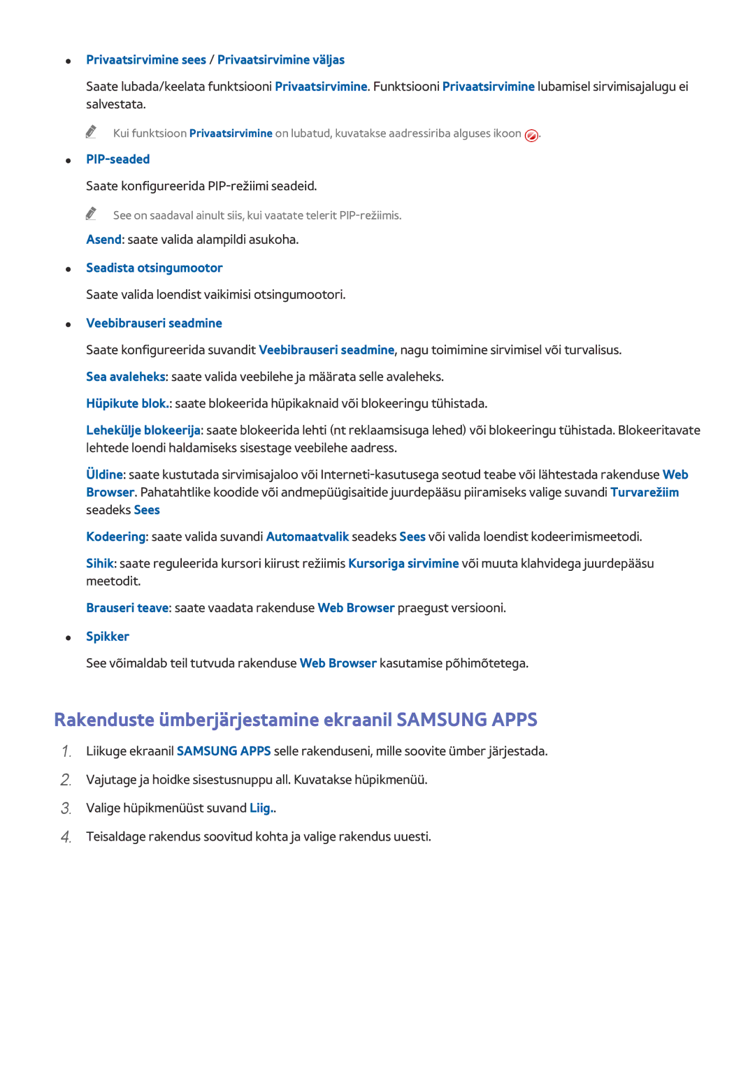 Samsung UE78HU8500TXXH, UE55HU8500TXXH, UE65HU8500TXXH manual Rakenduste ümberjärjestamine ekraanil Samsung Apps 