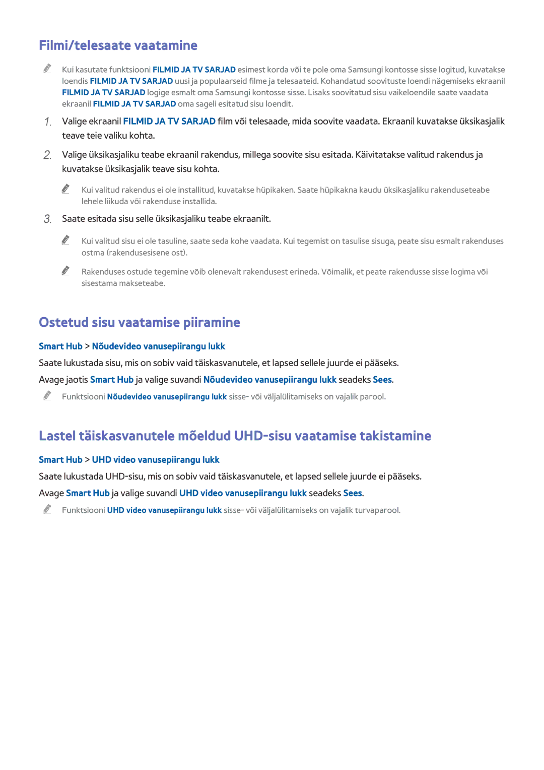 Samsung UE65HU8500TXXH, UE55HU8500TXXH, UE78HU8500TXXH manual Filmi/telesaate vaatamine, Ostetud sisu vaatamise piiramine 