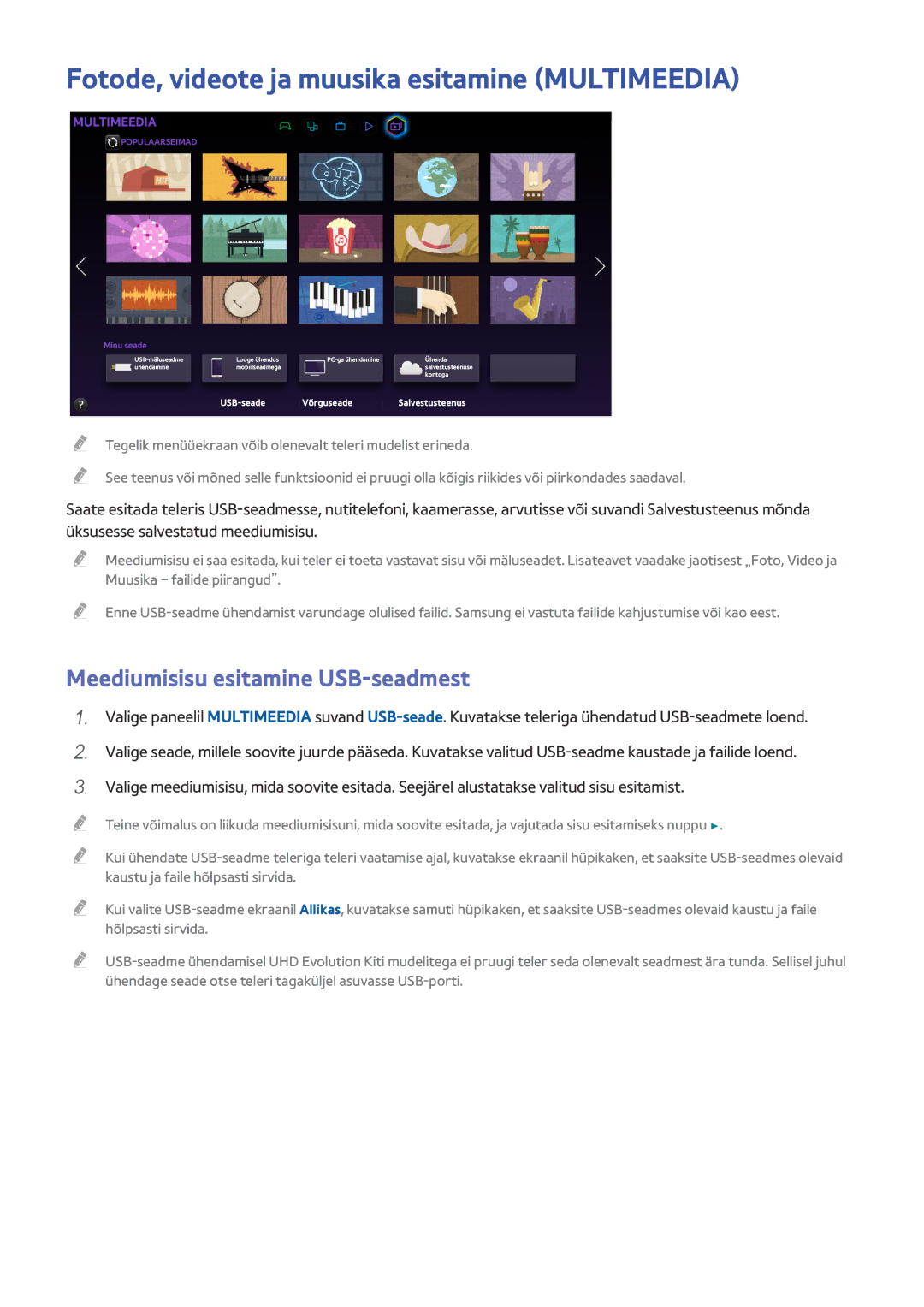 Samsung UE78HU8500TXXH manual Fotode, videote ja muusika esitamine Multimeedia, Meediumisisu esitamine USB-seadmest 