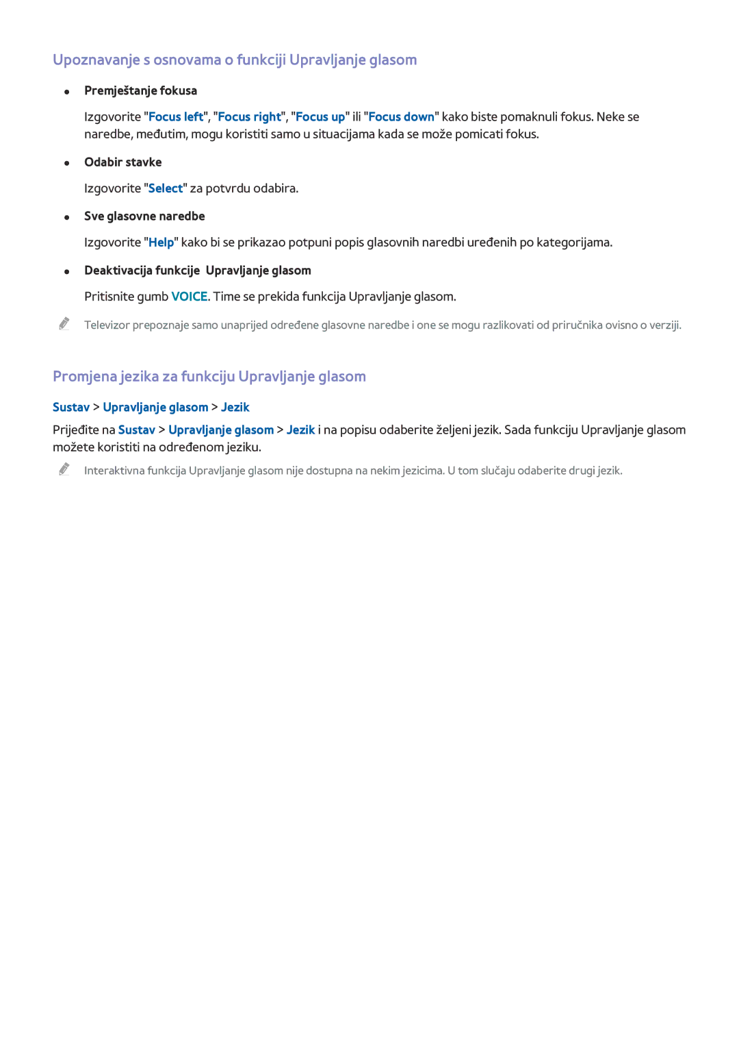 Samsung UE55HU8500TXXH manual Upoznavanje s osnovama o funkciji Upravljanje glasom, Sustav Upravljanje glasom Jezik 