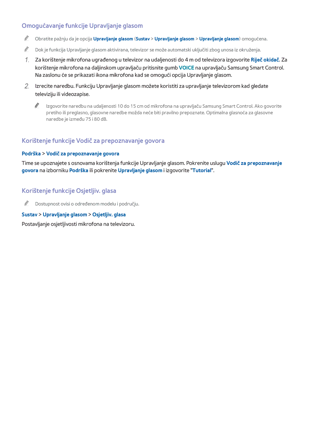 Samsung UE78HU8500TXXH, UE55HU8500TXXH manual Omogućavanje funkcije Upravljanje glasom, Korištenje funkcije Osjetljiv. glasa 